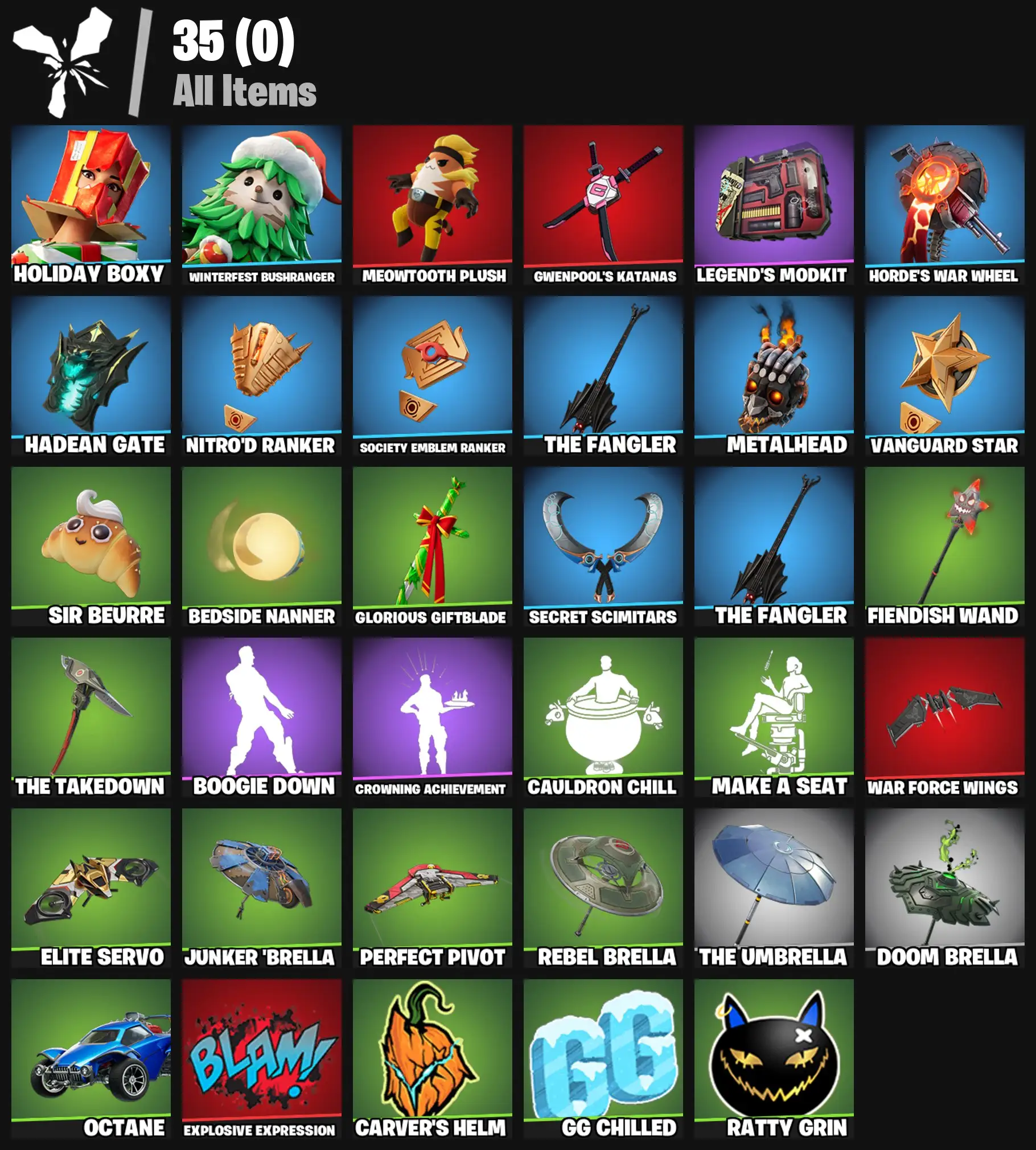 [PC/PSN/XBOX] 2 skins | Holiday Boxy | Winterfest Bushranger | Meowtooth Plush | Gwenpool's Katanas | Legend's Modkit | Horde's War Wheel | 100 VB