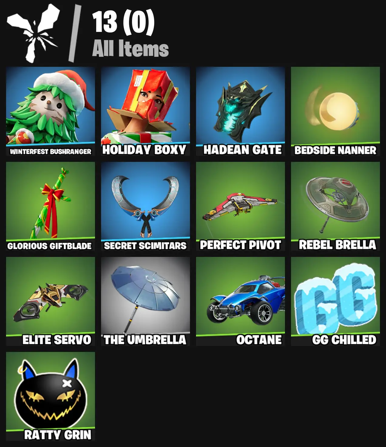 [PC/PSN/XBOX] 2 skins | Winterfest Bushranger | Holiday Boxy | Hadean Gate | Bedside Nanner | Glorious Giftblade | Secret Scimitars | Perfect Pivot | 0 VB