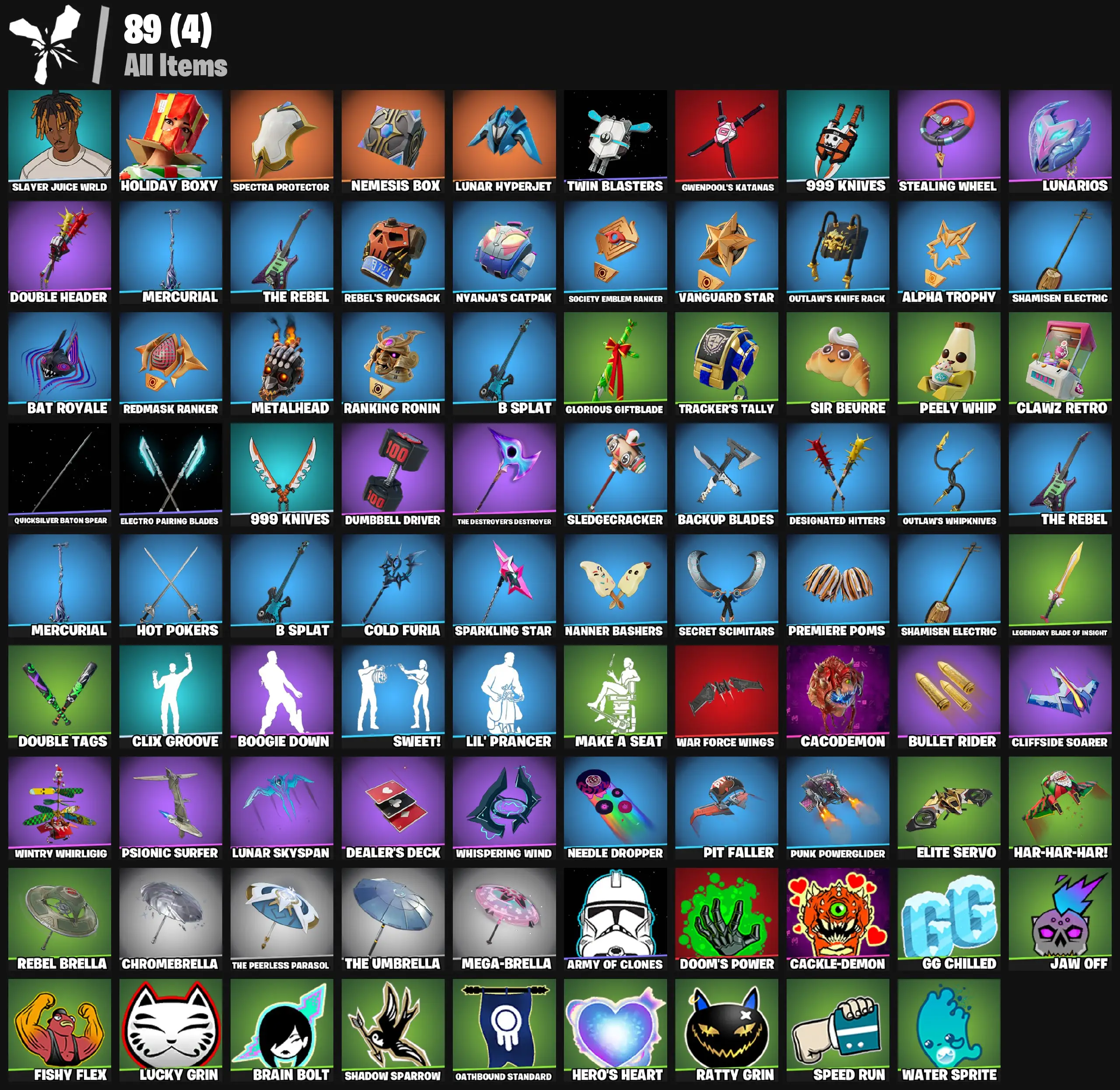 [PC/PSN/XBOX] 2 skins | Slayer Juice WRLD | Holiday Boxy | Spectra Protector | Nemesis Box | Lunar Hyperjet | Twin Blasters | Gwenpool's Katanas | 250 VB