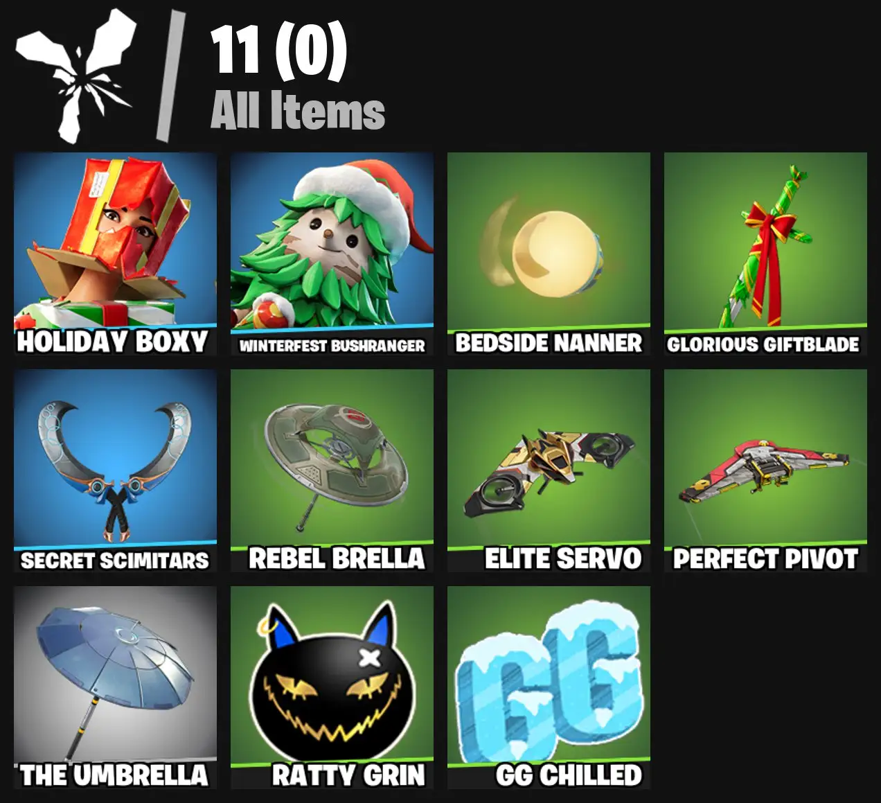 [PC/PSN/XBOX] 2 skins | Holiday Boxy | Winterfest Bushranger | Bedside Nanner | Glorious Giftblade | Secret Scimitars | Rebel Brella | Elite Servo | 0 VB