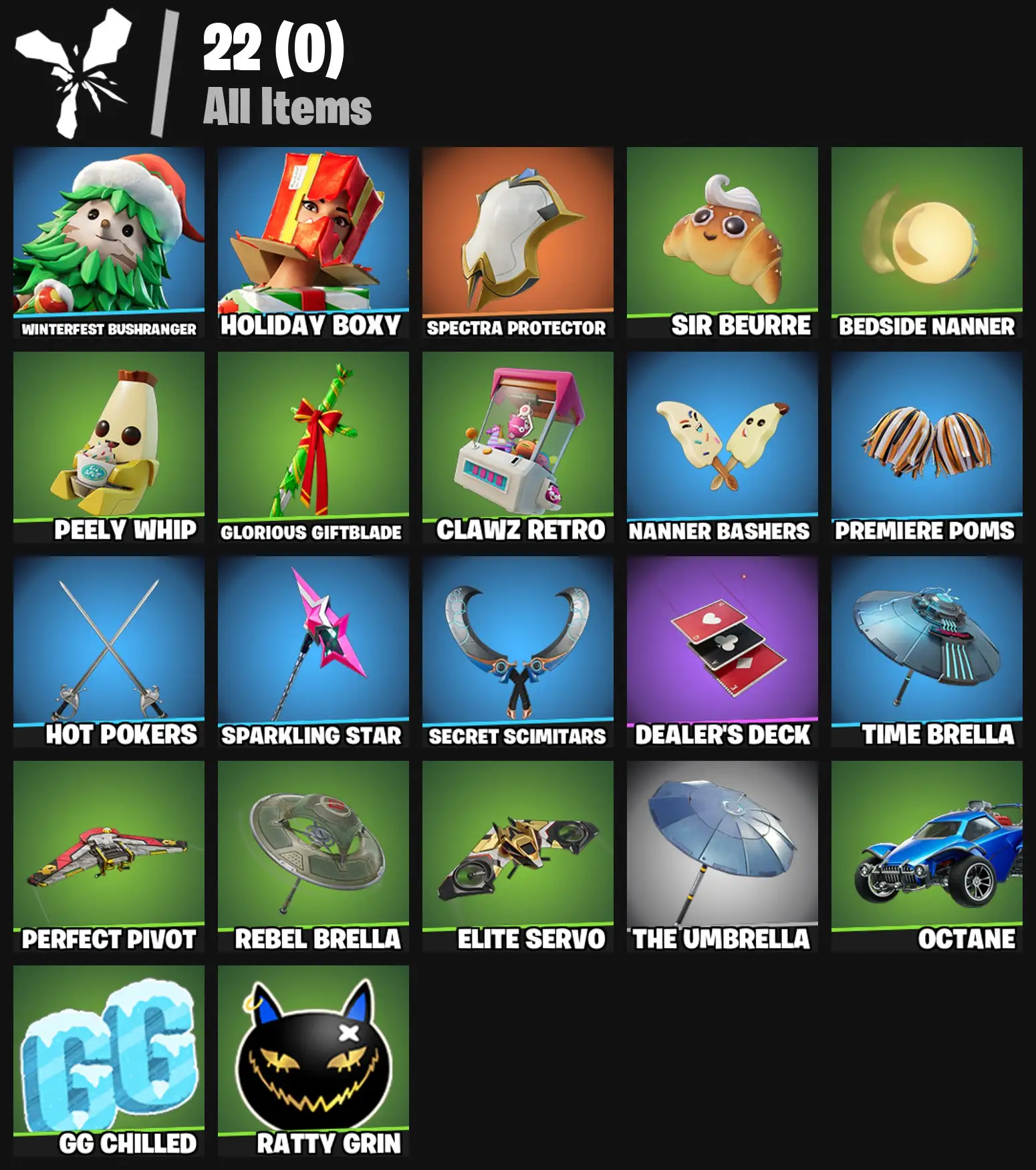 [PC/PSN/XBOX] 2 skins | Winterfest Bushranger | Holiday Boxy | Spectra Protector | Sir Beurre | Bedside Nanner | Peely Whip | Glorious Giftblade | 200 VB