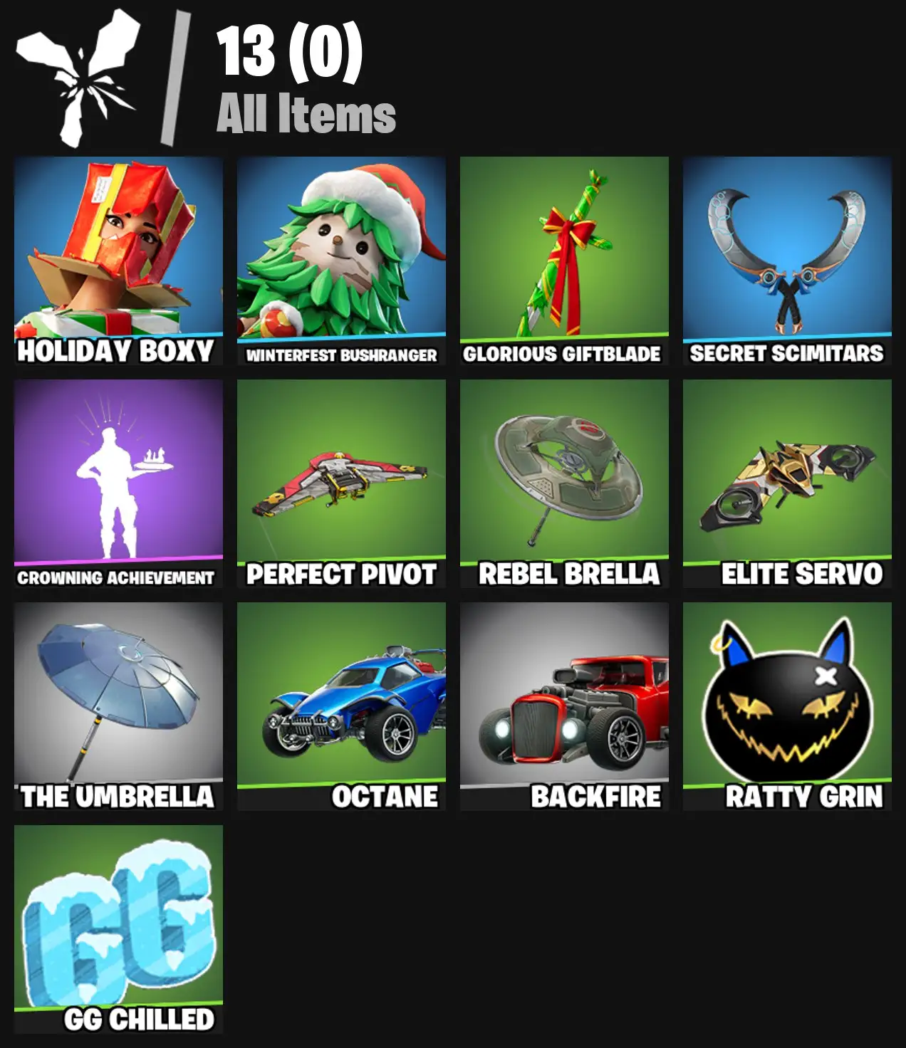 [PC/PSN/XBOX] 2 skins | Holiday Boxy | Winterfest Bushranger | Glorious Giftblade | Secret Scimitars | Crowning Achievement | Perfect Pivot | 0 VB