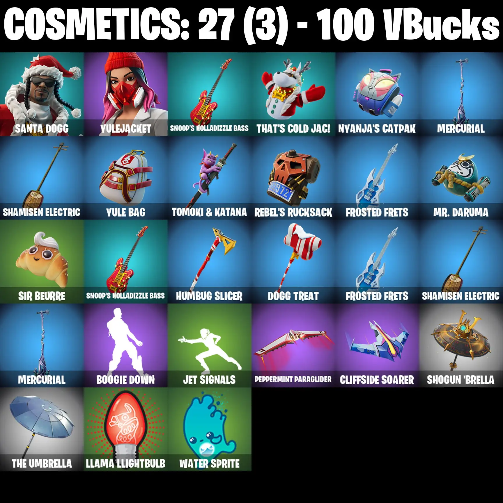 [PC/PSN/XBOX] 2 skins | Santa Dogg | Yulejacket | Snoop's Holladizzle Bass | That's Cold Jac! | Nyanja's Catpak | Mercurial | Shamisen Electric | 100 VB