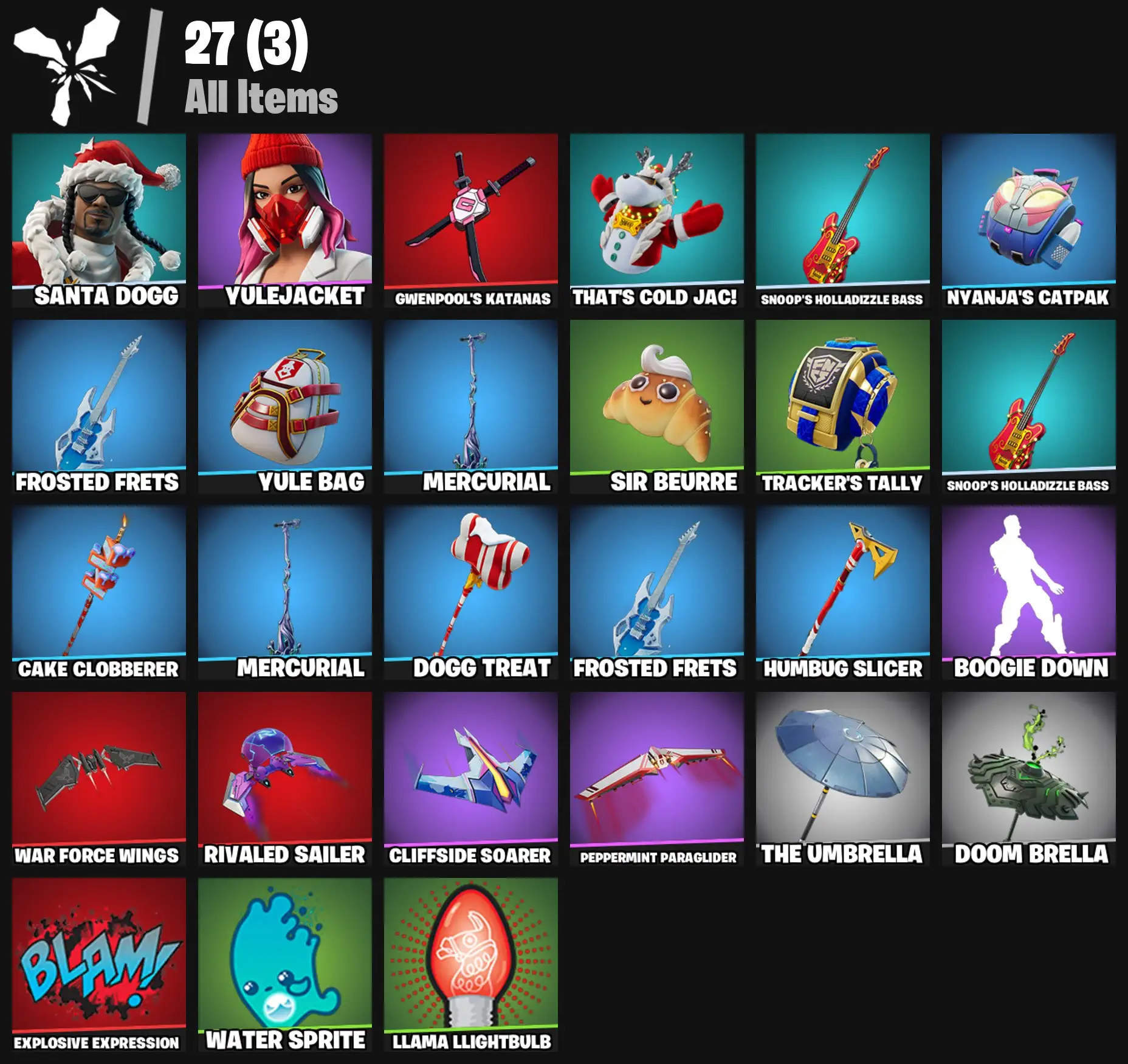 [PC/PSN/XBOX] 2 skins | Santa Dogg | Yulejacket | Gwenpool's Katanas | That's Cold Jac! | Snoop's Holladizzle Bass | Nyanja's Catpak | Frosted Frets | 200 VB