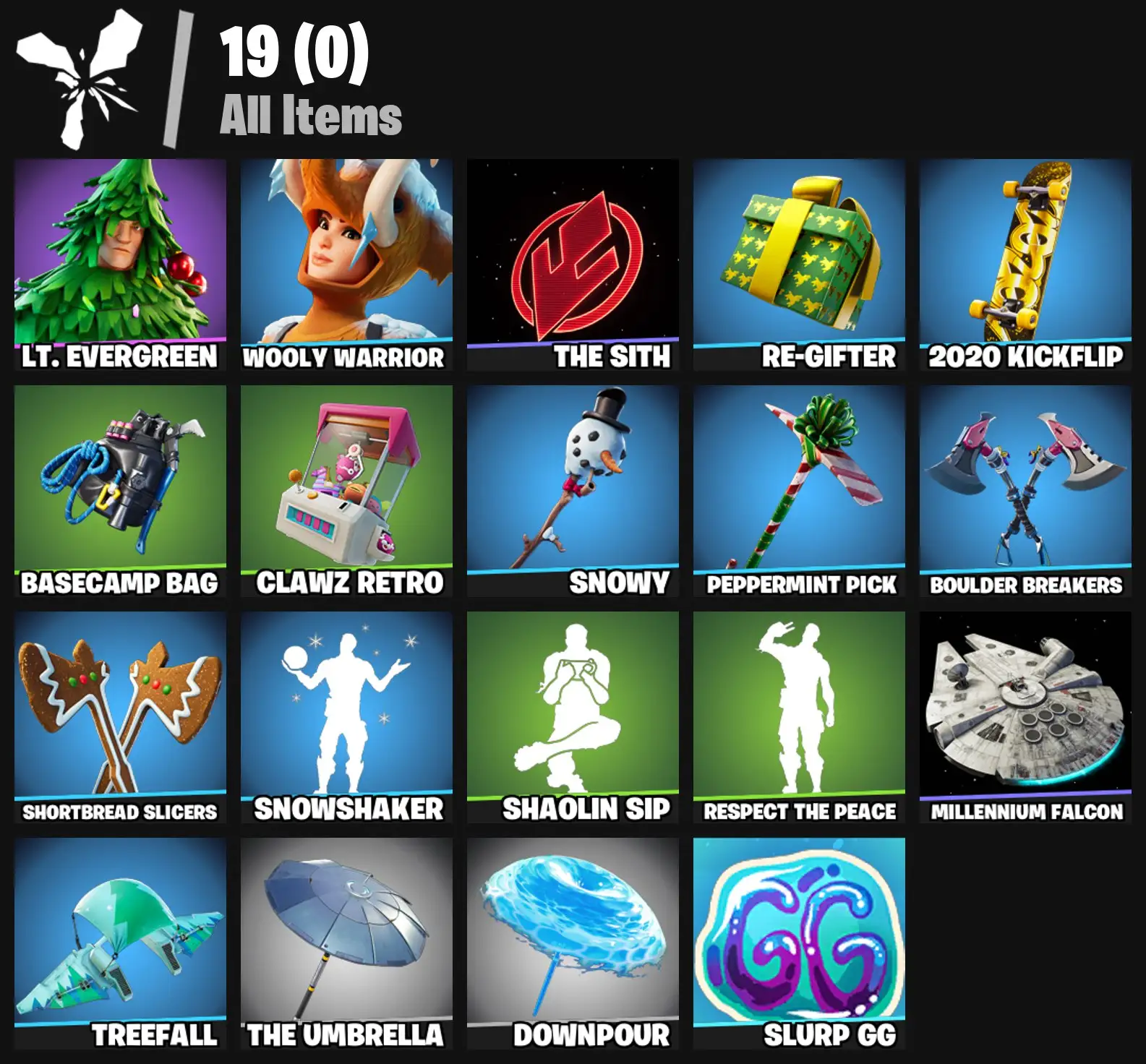 [PC/PSN/XBOX] 2 skins | Lt. Evergreen | Wooly Warrior | The Sith | Re-gifter | 2020 Kickflip | Basecamp Bag | Clawz Retro | Snowy | Peppermint Pick | 200 VB