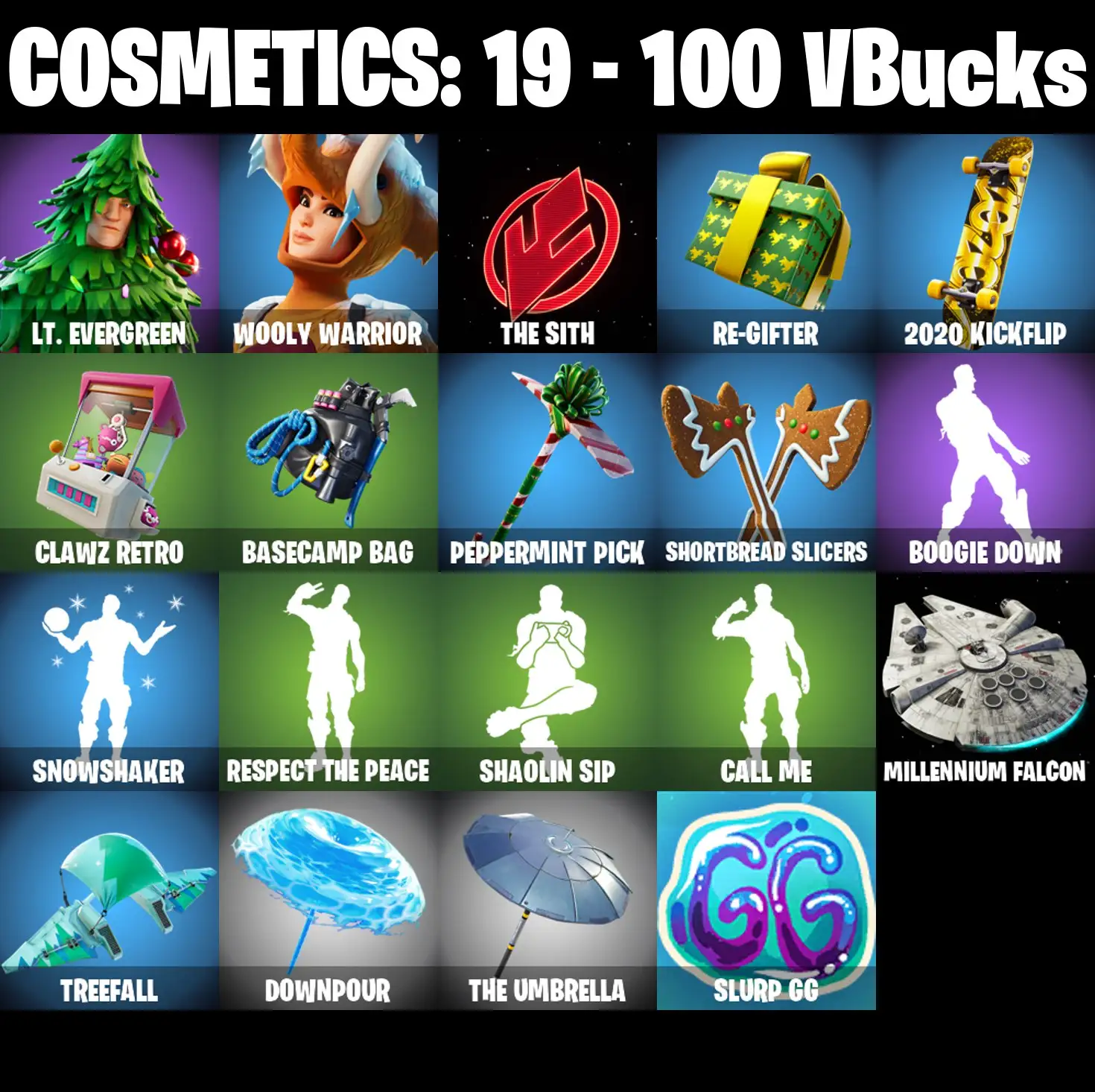 [PC/PSN/XBOX] 2 skins | Lt. Evergreen | Wooly Warrior | The Sith | Re-gifter | 2020 Kickflip | Clawz Retro | Basecamp Bag | Peppermint Pick | 100 VB