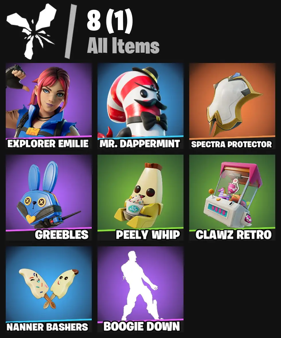 [PC/PSN/XBOX] 2 skins | Explorer Emilie | Mr. Dappermint | Spectra Protector | Greebles | Peely Whip | Clawz Retro | Nanner Bashers | Boogie Down | 0 VB