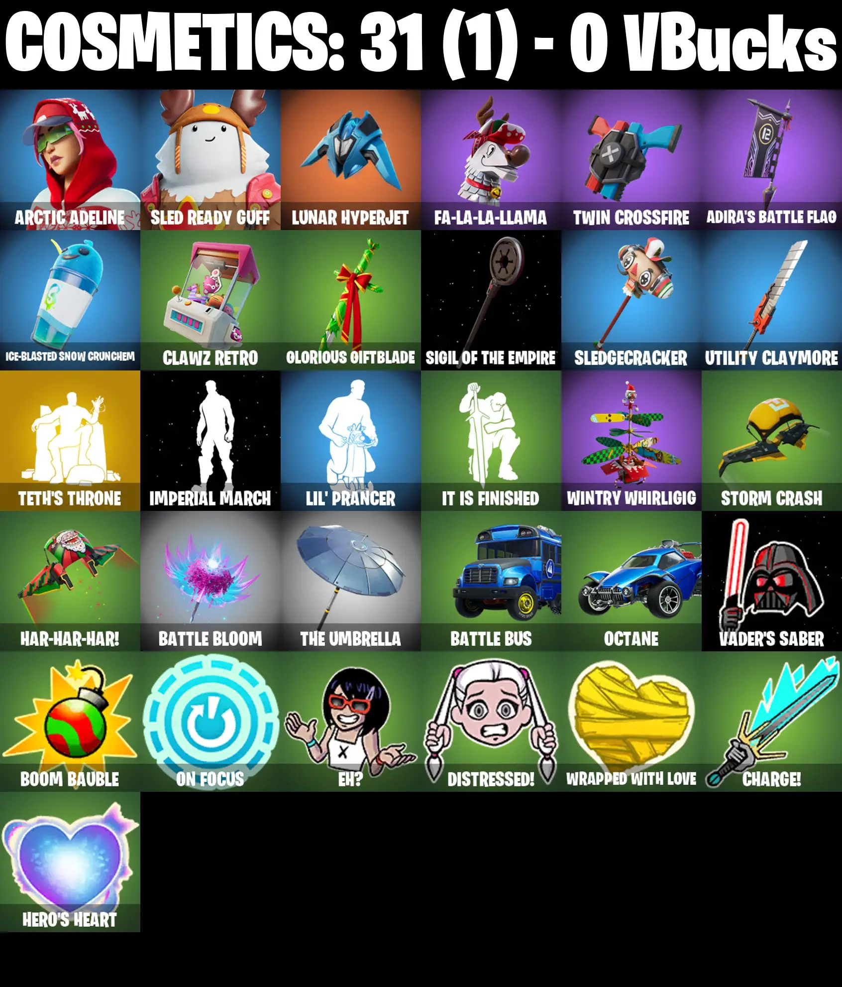 [PC/PSN/XBOX] 2 skins | Teth's Throne | Arctic Adeline | Sled Ready Guff | Lunar Hyperjet | Fa-la-la-Llama | Twin Crossfire | Adira's Battle Flag | 0 VB