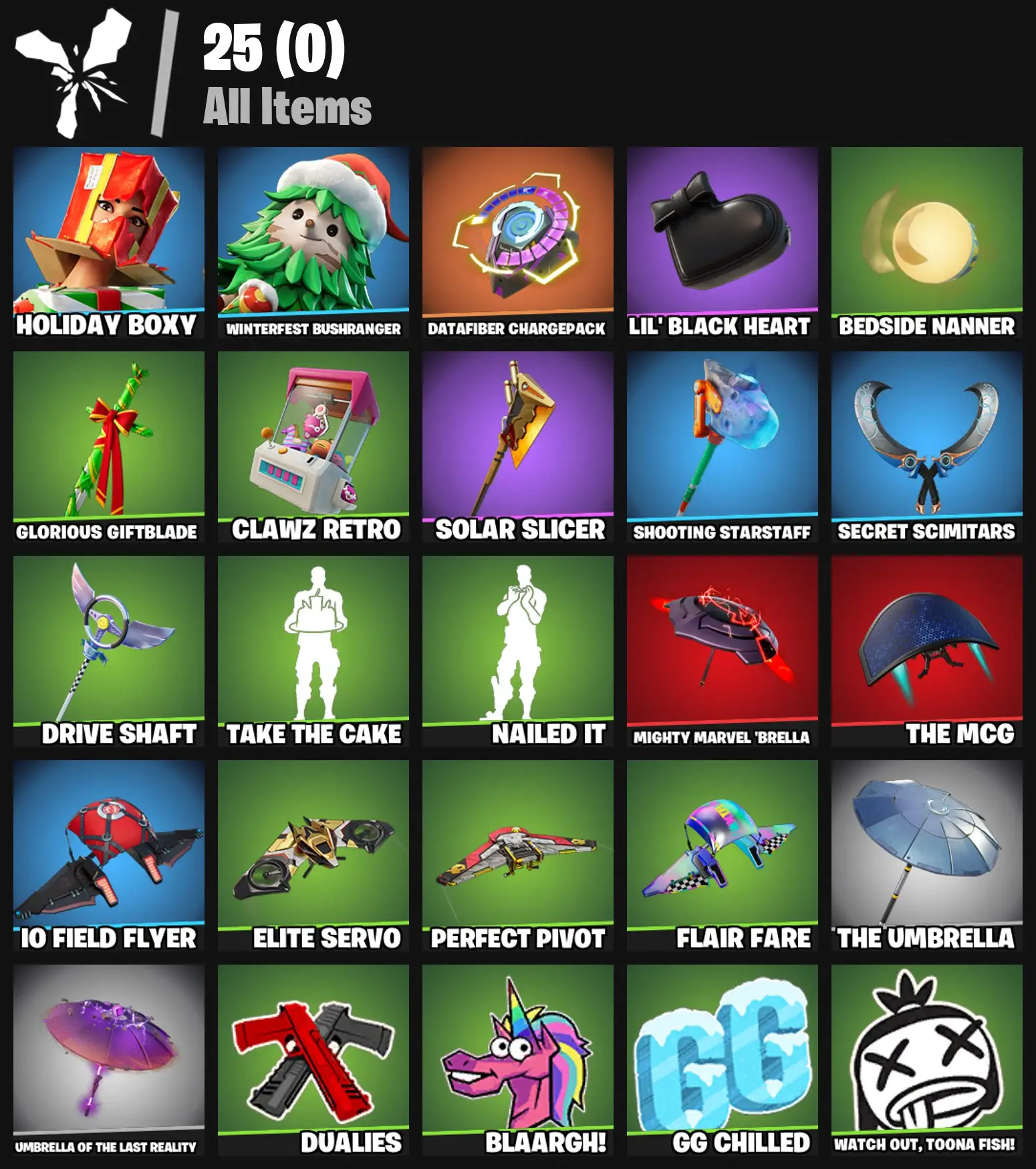 [PC/PSN/XBOX] 2 skins | Holiday Boxy | Winterfest Bushranger | Datafiber Chargepack | Lil' Black Heart | Bedside Nanner | Glorious Giftblade | 300 VB