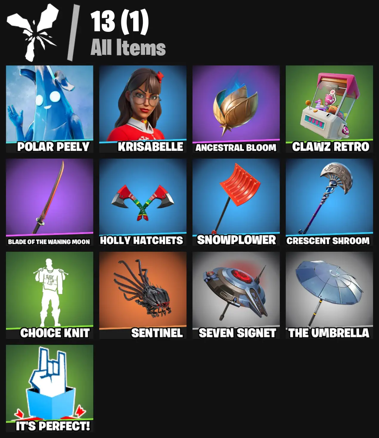 [PC/PSN/XBOX] 2 skins | Polar Peely | Krisabelle | Ancestral Bloom | Clawz Retro | Blade of the Waning Moon | Holly Hatchets | Snowplower | 100 VB