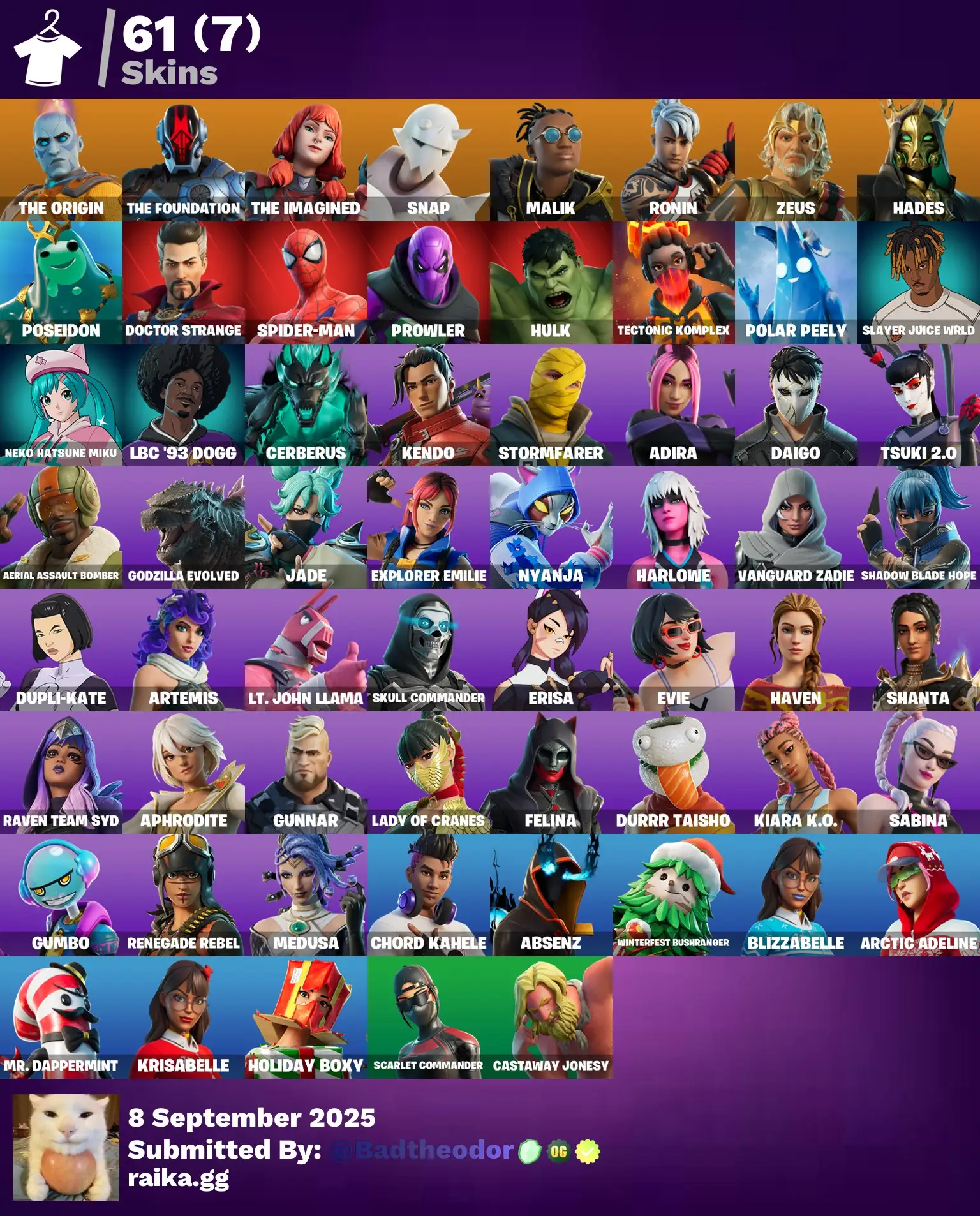 [PC/PSN/XBOX] 61 skins | The Origin | The Foundation | The Imagined | Snap | Malik | Ronin | Zeus | Hades | Poseidon | Doctor Strange | Spider-Man | 300 VB