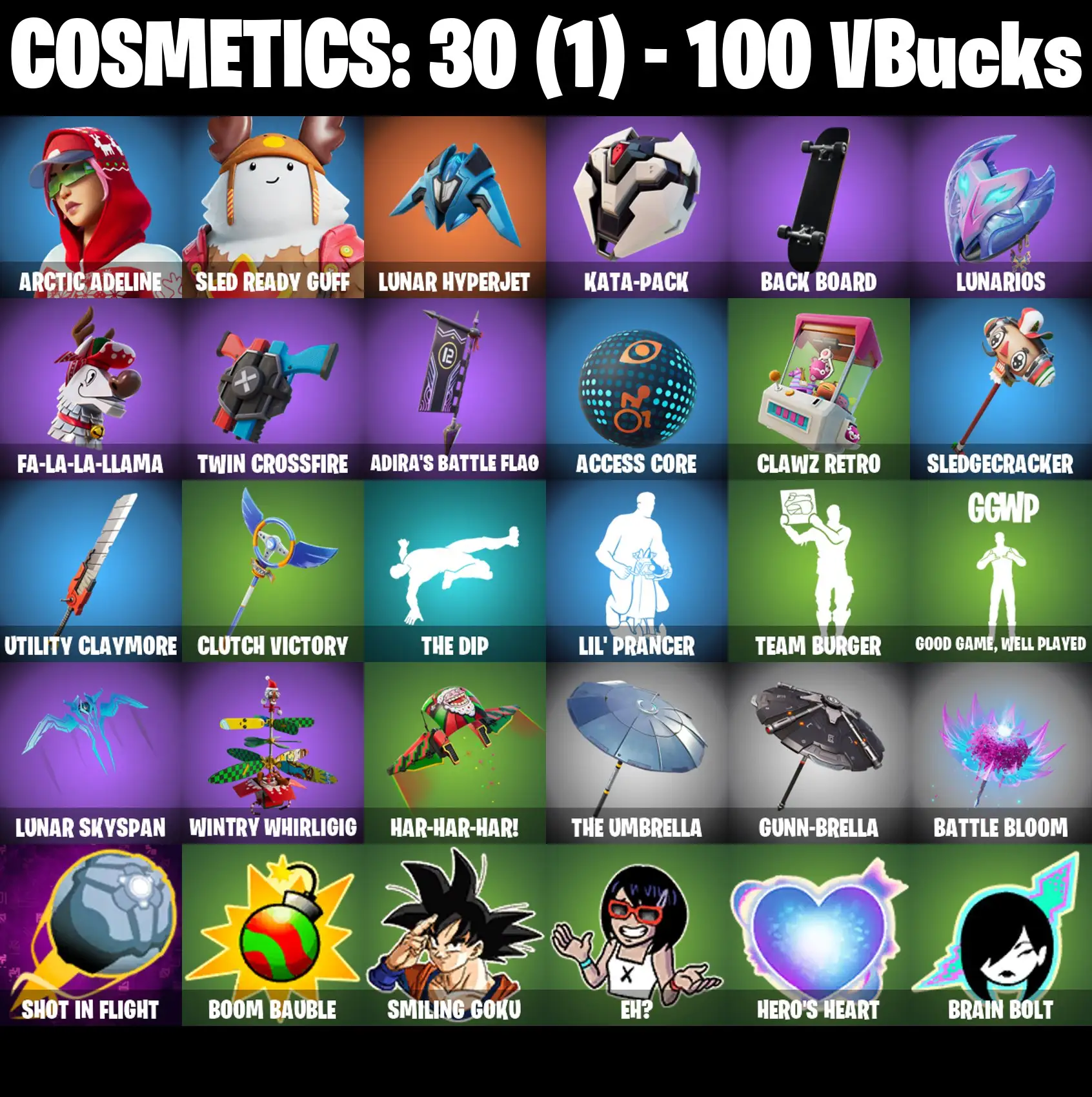 [PC/PSN/XBOX] 2 skins | Arctic Adeline | Sled Ready Guff | Lunar Hyperjet | Kata-Pack | Back Board | Lunarios | Fa-la-la-Llama | Twin Crossfire | 100 VB