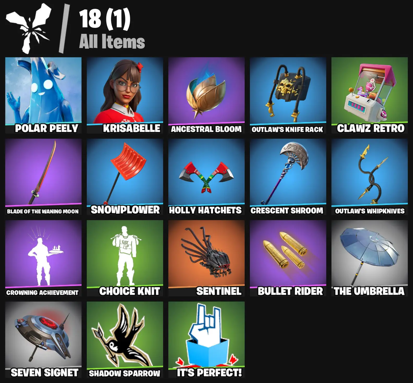 [PC/PSN/XBOX] 2 skins | Polar Peely | Krisabelle | Ancestral Bloom | Outlaw's Knife Rack | Clawz Retro | Blade of the Waning Moon | Snowplower | 100 VB