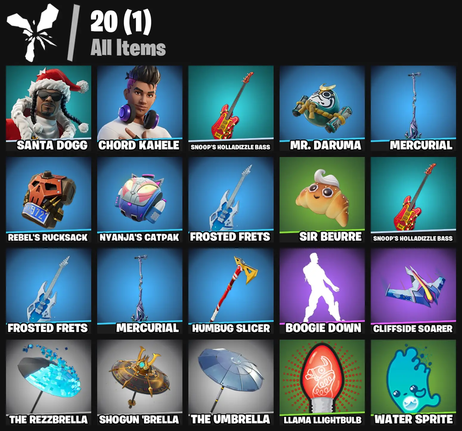 [PC/PSN/XBOX] 2 skins | Santa Dogg | Chord Kahele | Snoop's Holladizzle Bass | Mr. Daruma | Mercurial | Rebel's Rucksack | Nyanja's Catpak | 100 VB