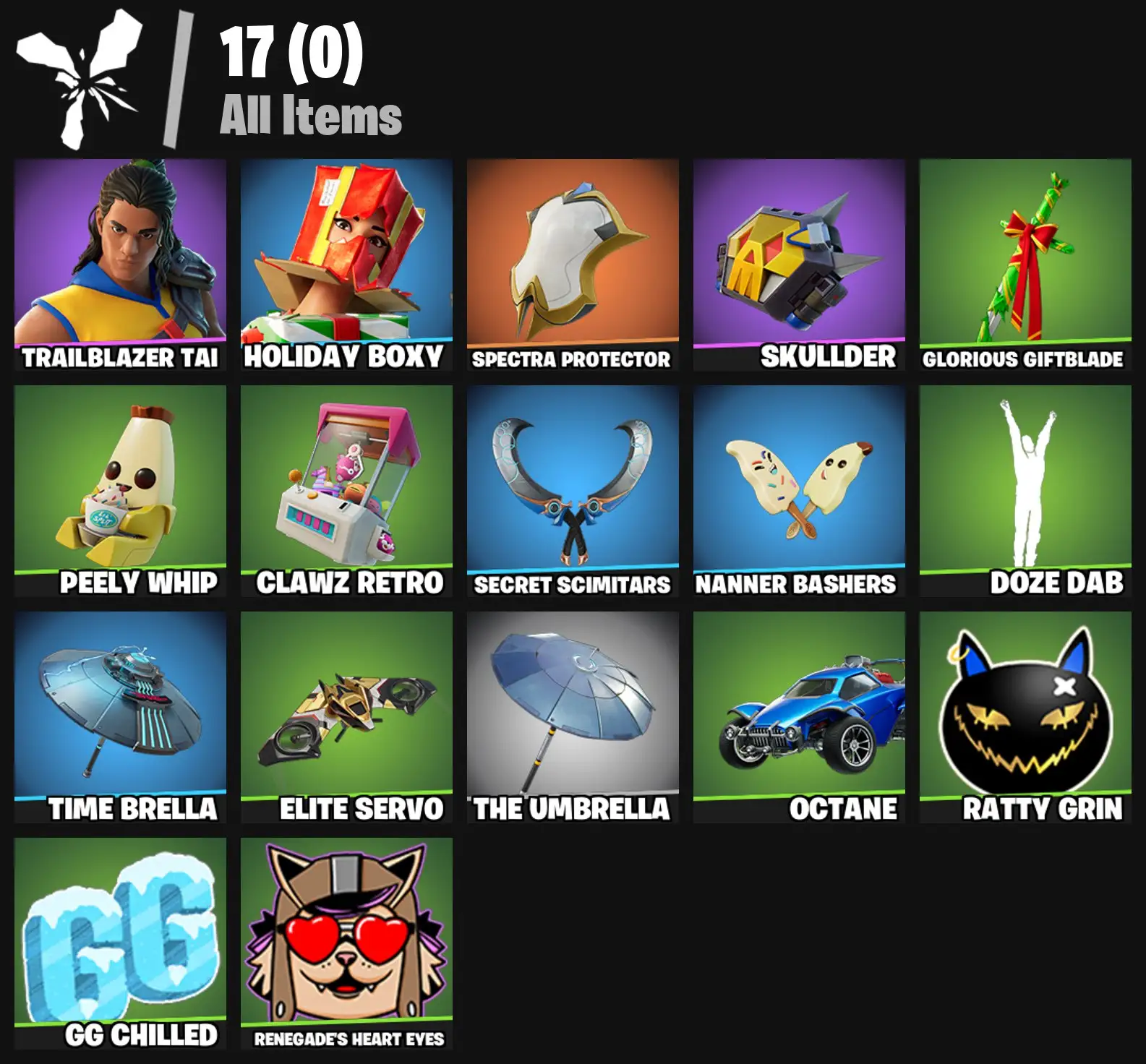 [PC/PSN/XBOX] 2 skins | Trailblazer Tai | Holiday Boxy | Spectra Protector | Skullder | Glorious Giftblade | Peely Whip | Clawz Retro | 100 VB