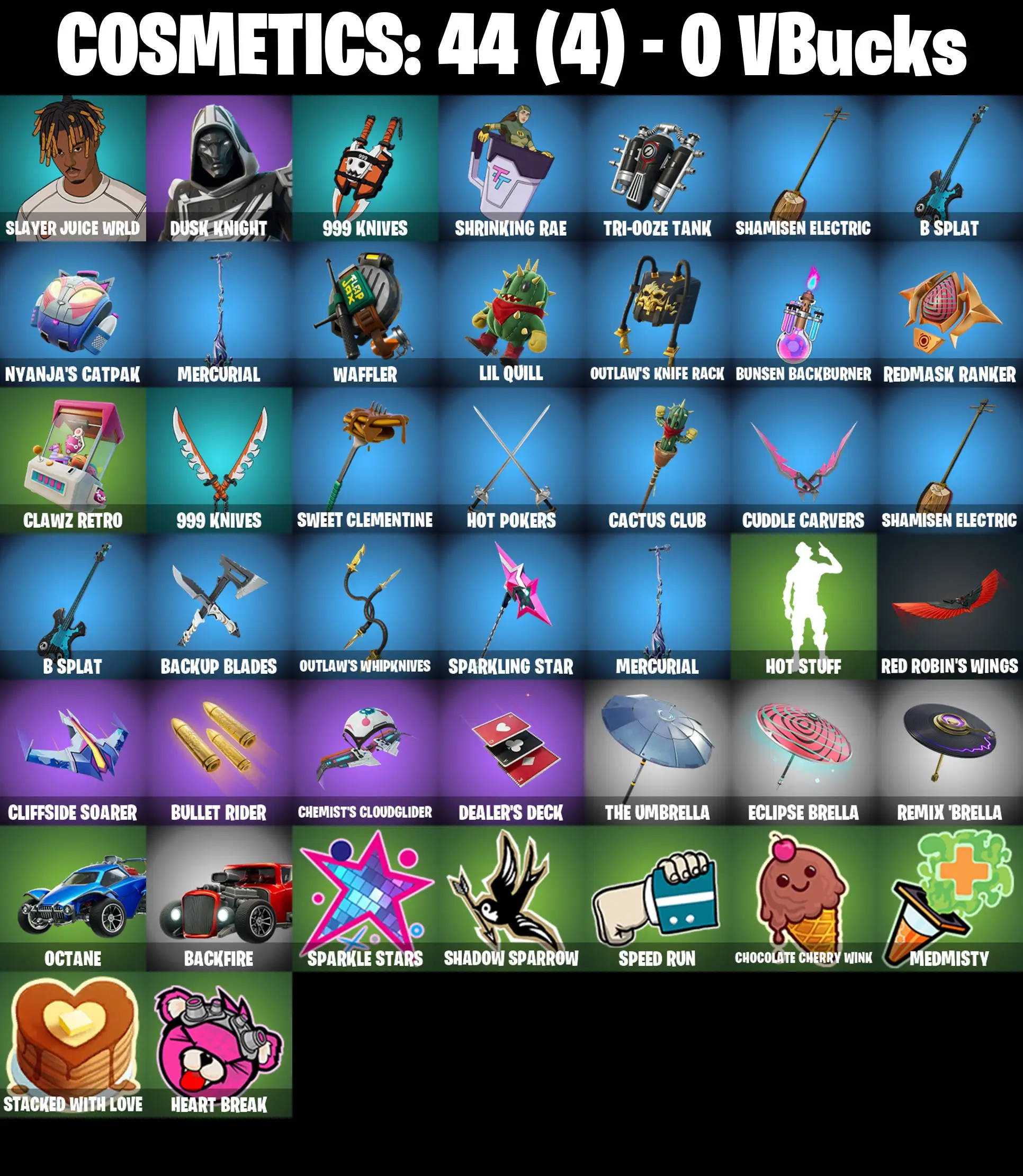 [PC/PSN/XBOX] 2 skins | Slayer Juice WRLD | Blitz Knight | 999 Knives | Shrinking Rae | Tri-Ooze Tank | Shamisen Electric | B Splat | Nyanja's Catpak | 0 VB