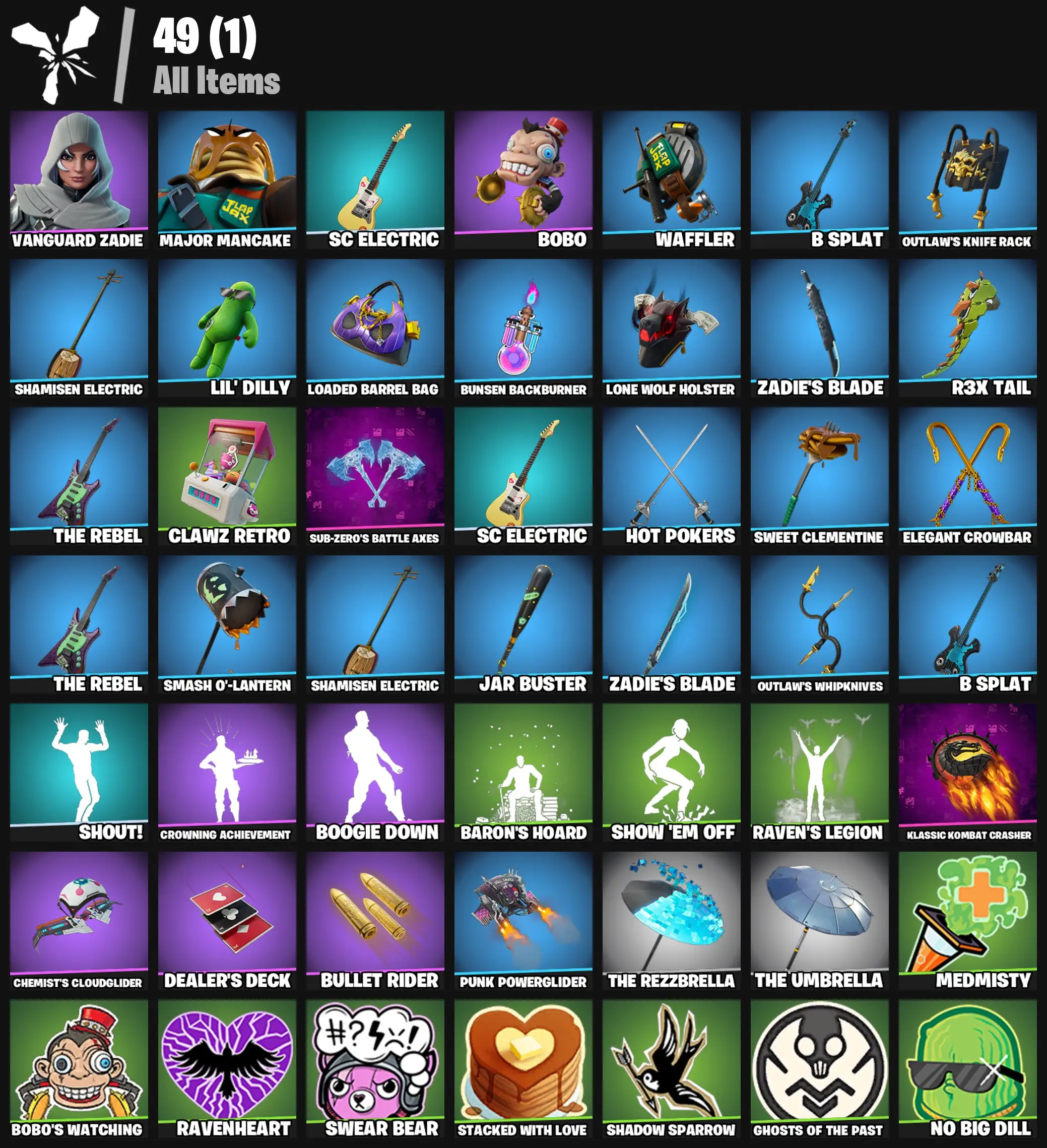 [PC/PSN/XBOX] 2 skins | Vanguard Zadie | Major Mancake | SC Electric | Bobo | Waffler | B Splat | Outlaw's Knife Rack | Shamisen Electric | 100 VB