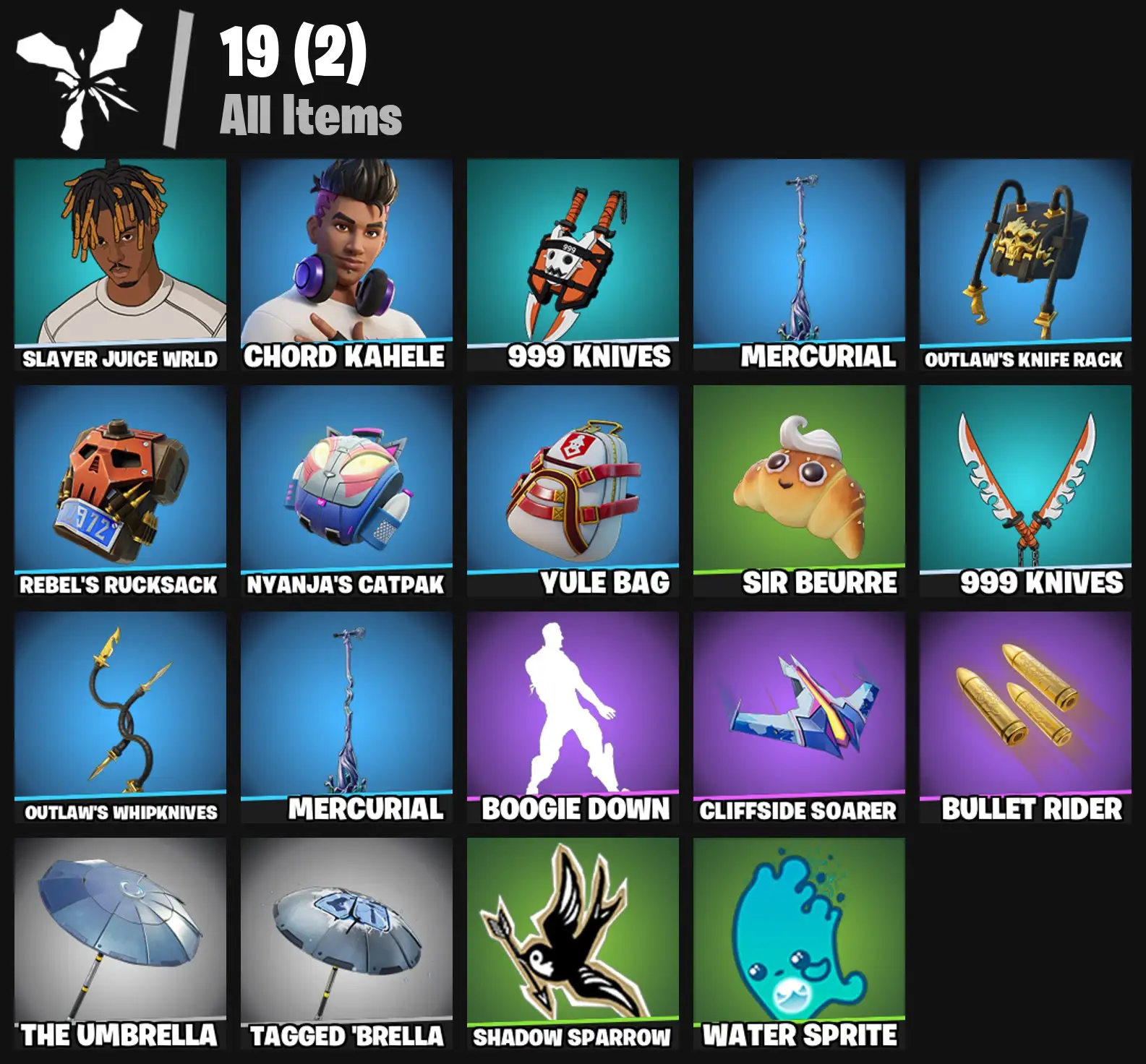 [PC/PSN/XBOX] 2 skins | Slayer Juice WRLD | Chord Kahele | 999 Knives | Mercurial | Outlaw's Knife Rack | Rebel's Rucksack | Nyanja's Catpak | 100 VB