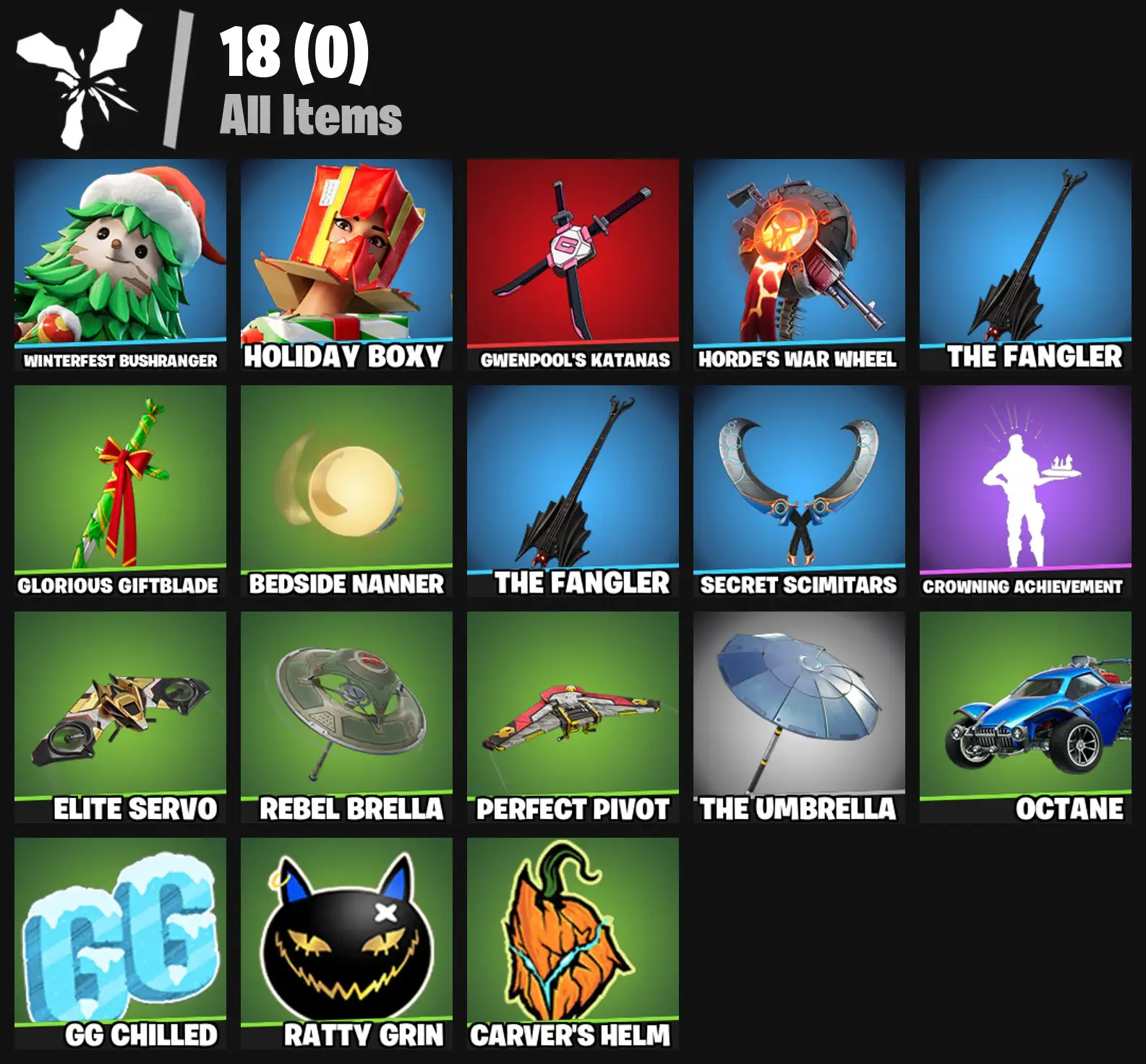 [PC/PSN/XBOX] 2 skins | Winterfest Bushranger | Holiday Boxy | Gwenpool's Katanas | Horde's War Wheel | The Fangler | Glorious Giftblade | 100 VB