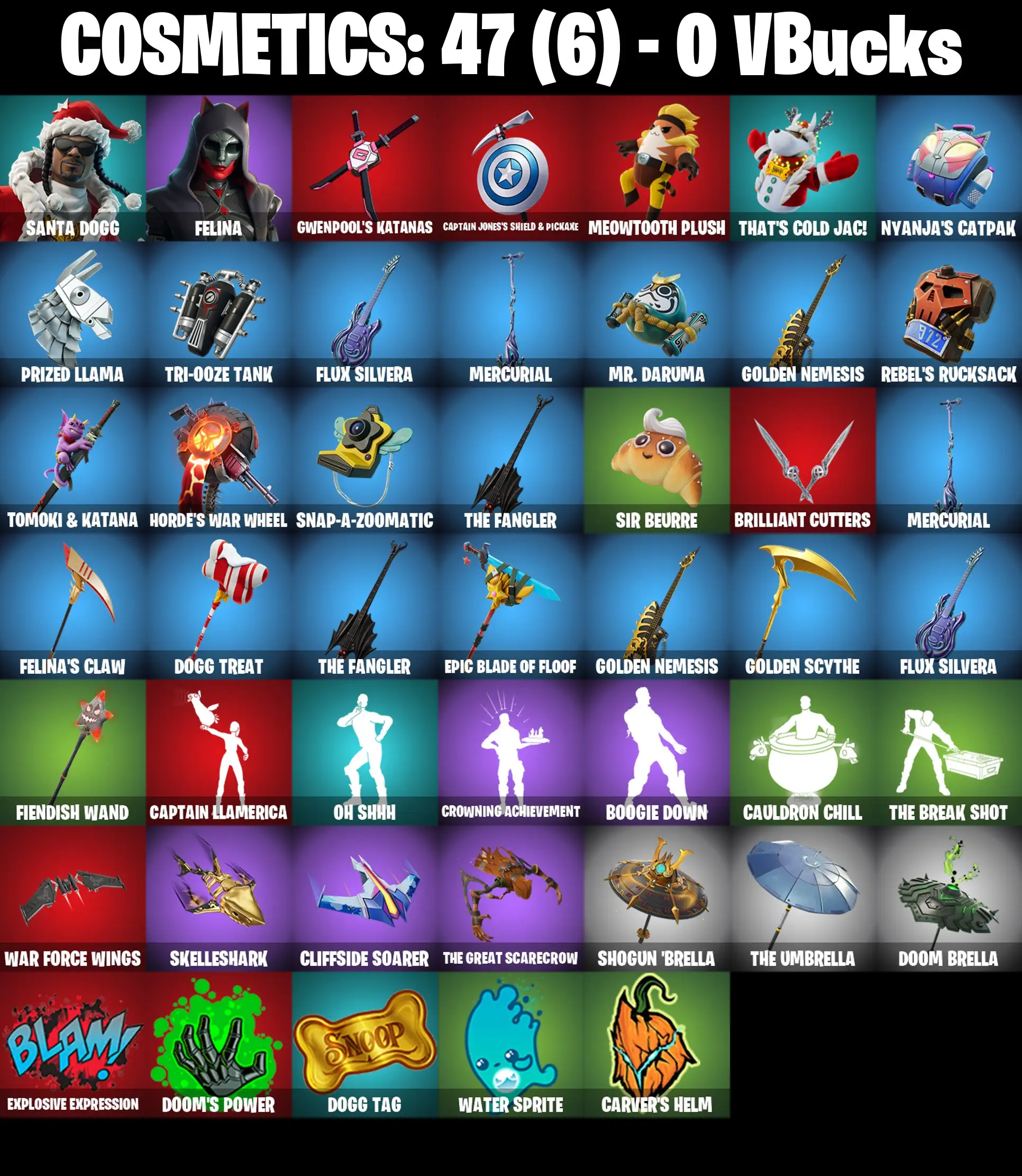 [PC/PSN/XBOX] 2 skins | Santa Dogg | Felina | Gwenpool's Katanas | Captain Jones's Shield & Pickaxe | Meowtooth Plush | That's Cold Jac! | 0 VB