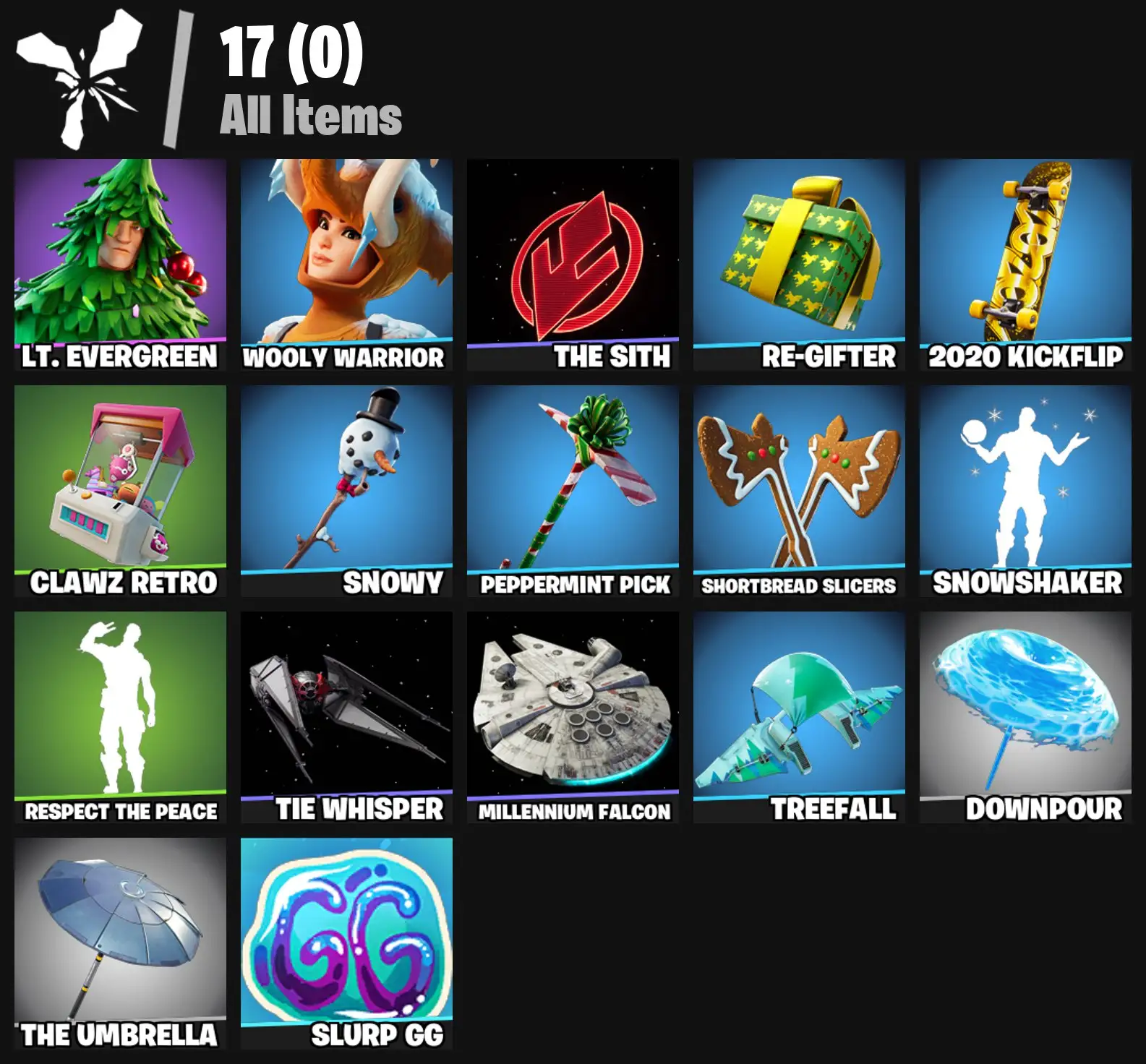 [PC/PSN/XBOX] 2 skins | Lt. Evergreen | Wooly Warrior | The Sith | Re-gifter | 2020 Kickflip | Clawz Retro | Snowy | Peppermint Pick | 100 VB
