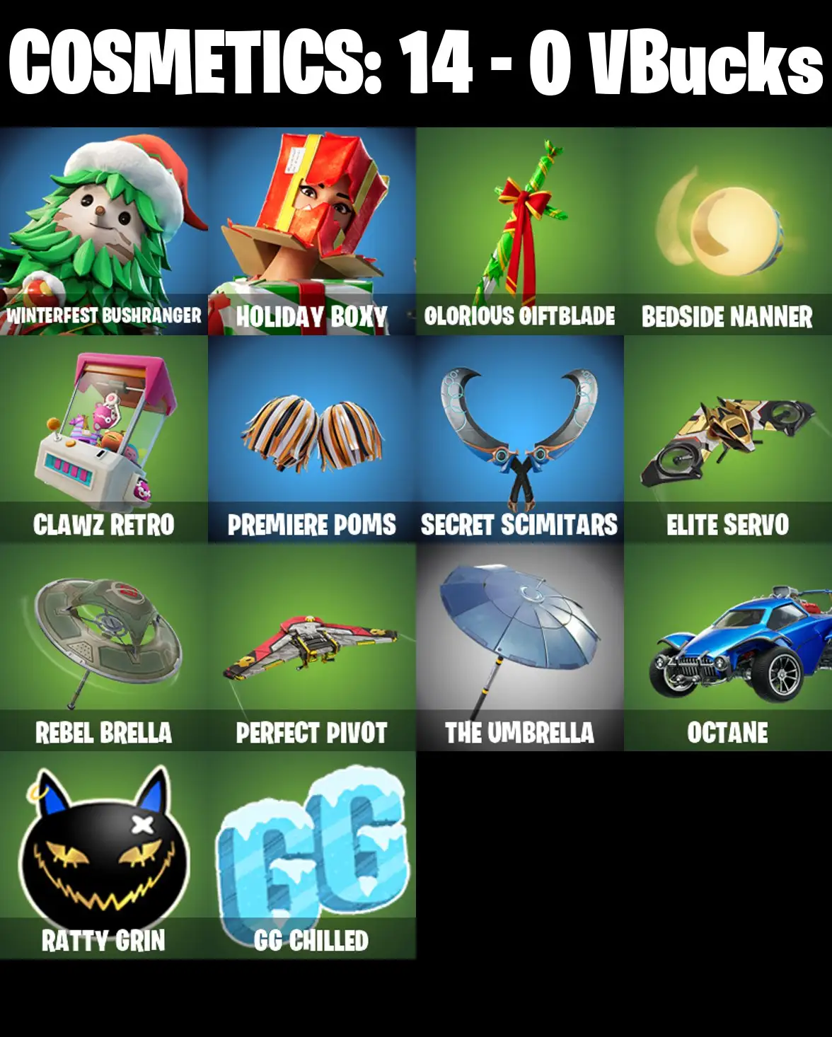 [PC/PSN/XBOX] 2 skins | Winterfest Bushranger | Holiday Boxy | Glorious Giftblade | Bedside Nanner | Clawz Retro | Premiere Poms | Secret Scimitars | 0 VB
