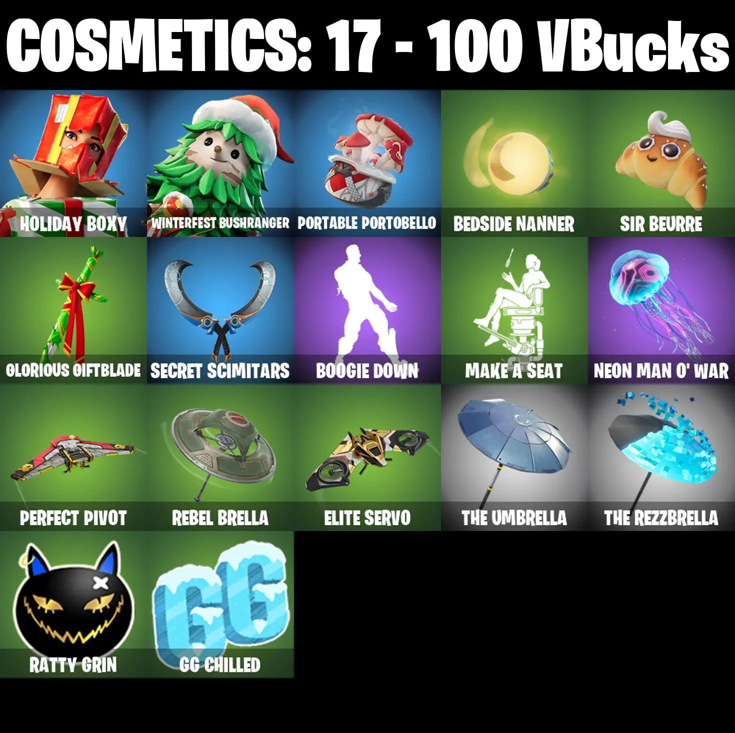 [PC/PSN/XBOX] 2 skins | Holiday Boxy | Winterfest Bushranger | Portable Portobello | Bedside Nanner | Sir Beurre | Glorious Giftblade | 100 VB