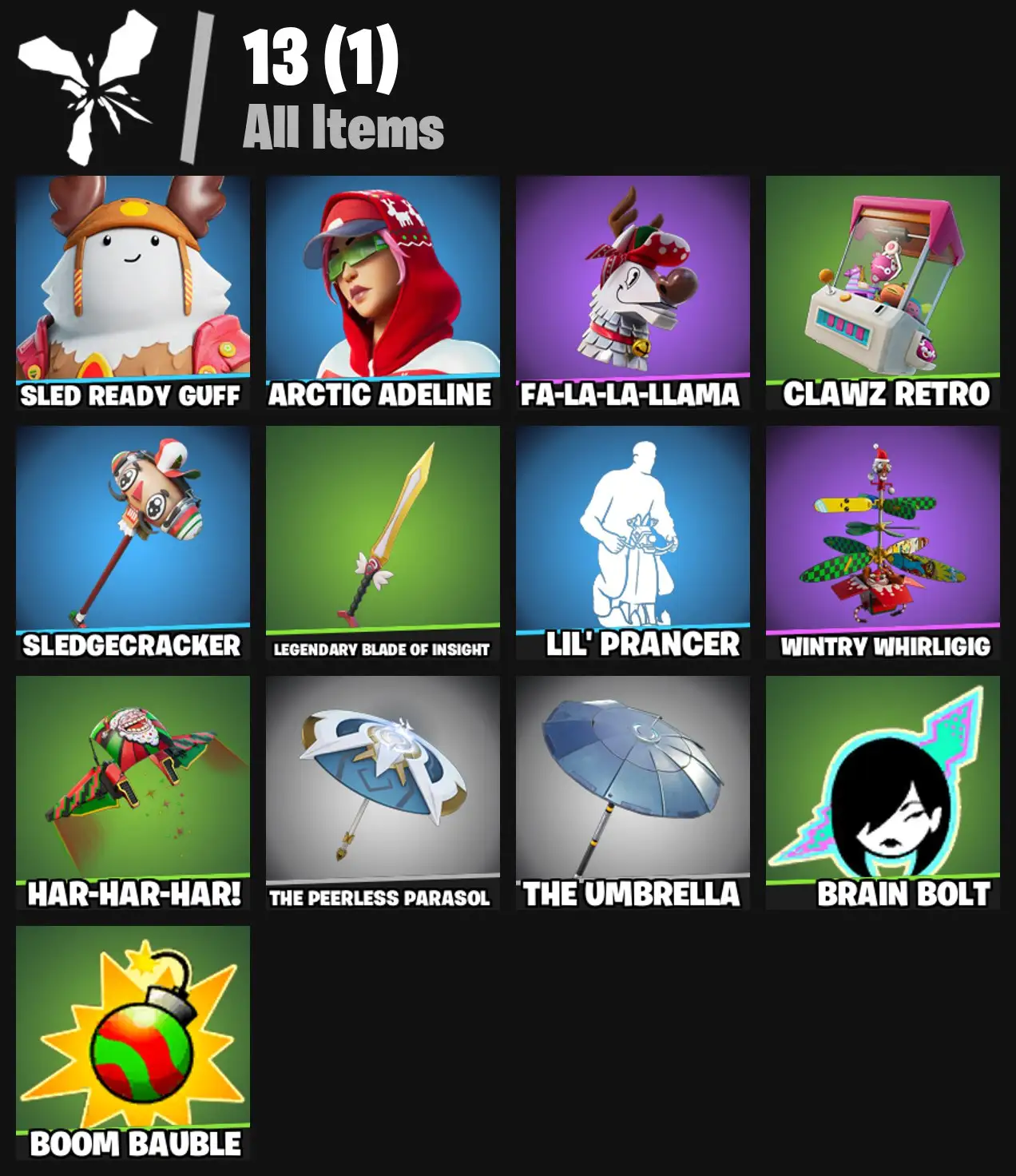 [PC/PSN/XBOX] 2 skins | Sled Ready Guff | Arctic Adeline | Fa-la-la-Llama | Clawz Retro | Sledgecracker | Legendary Blade of Insight | Lil' Prancer | 0 VB