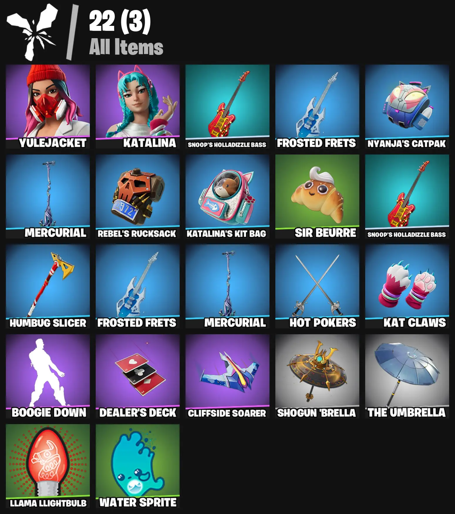 [PC/PSN/XBOX] 2 skins | Yulejacket | Katalina | Snoop's Holladizzle Bass | Frosted Frets | Nyanja's Catpak | Mercurial | Rebel's Rucksack | 200 VB