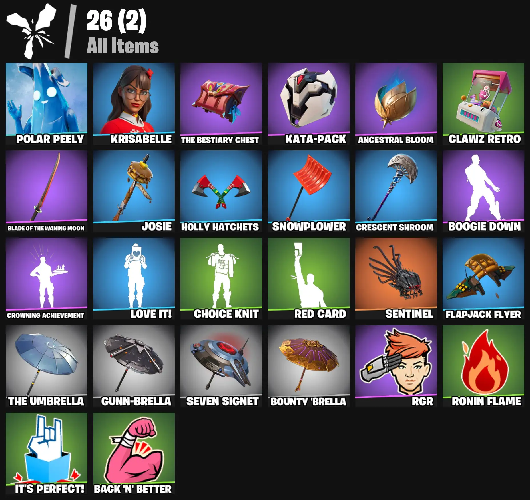 [PC/PSN/XBOX] 2 skins | Polar Peely | Krisabelle | The Bestiary Chest | Kata-Pack | Ancestral Bloom | Clawz Retro | Blade of the Waning Moon | Josie | 400 VB