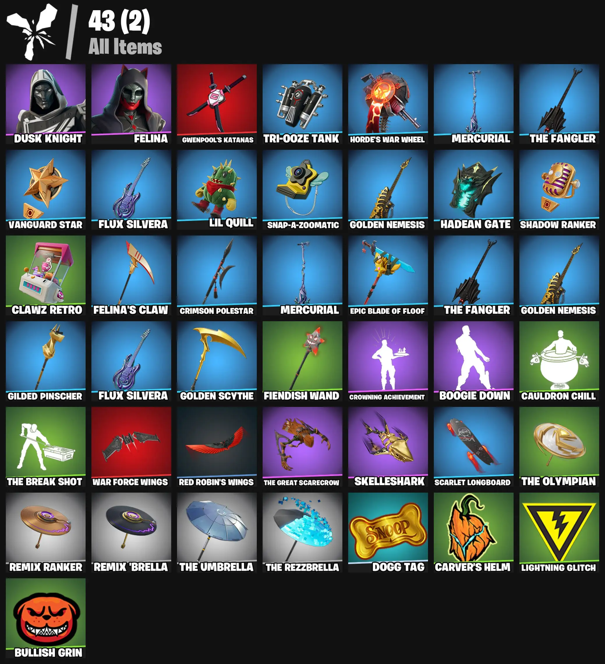 [PC/PSN/XBOX] 2 skins | Blitz Knight | Felina | Gwenpool's Katanas | Tri-Ooze Tank | Horde's War Wheel | Mercurial | The Fangler | Vanguard Star | 200 VB