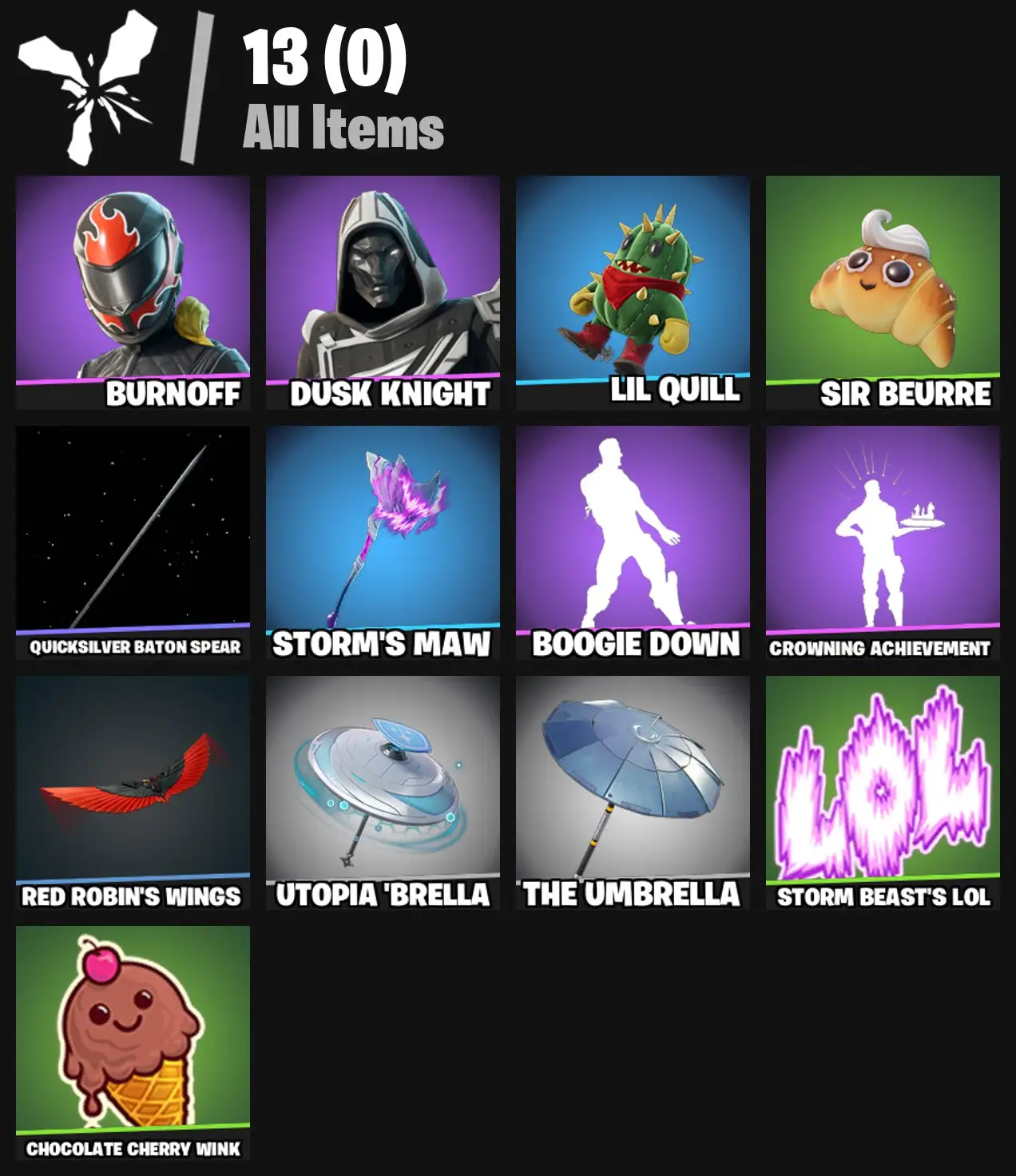 [PC/PSN/XBOX] 2 skins | Burnoff | Blitz Knight | Lil Quill | Sir Beurre | Quicksilver Baton Spear | Storm's Maw | Boogie Down | Crowning Achievement | 0 VB