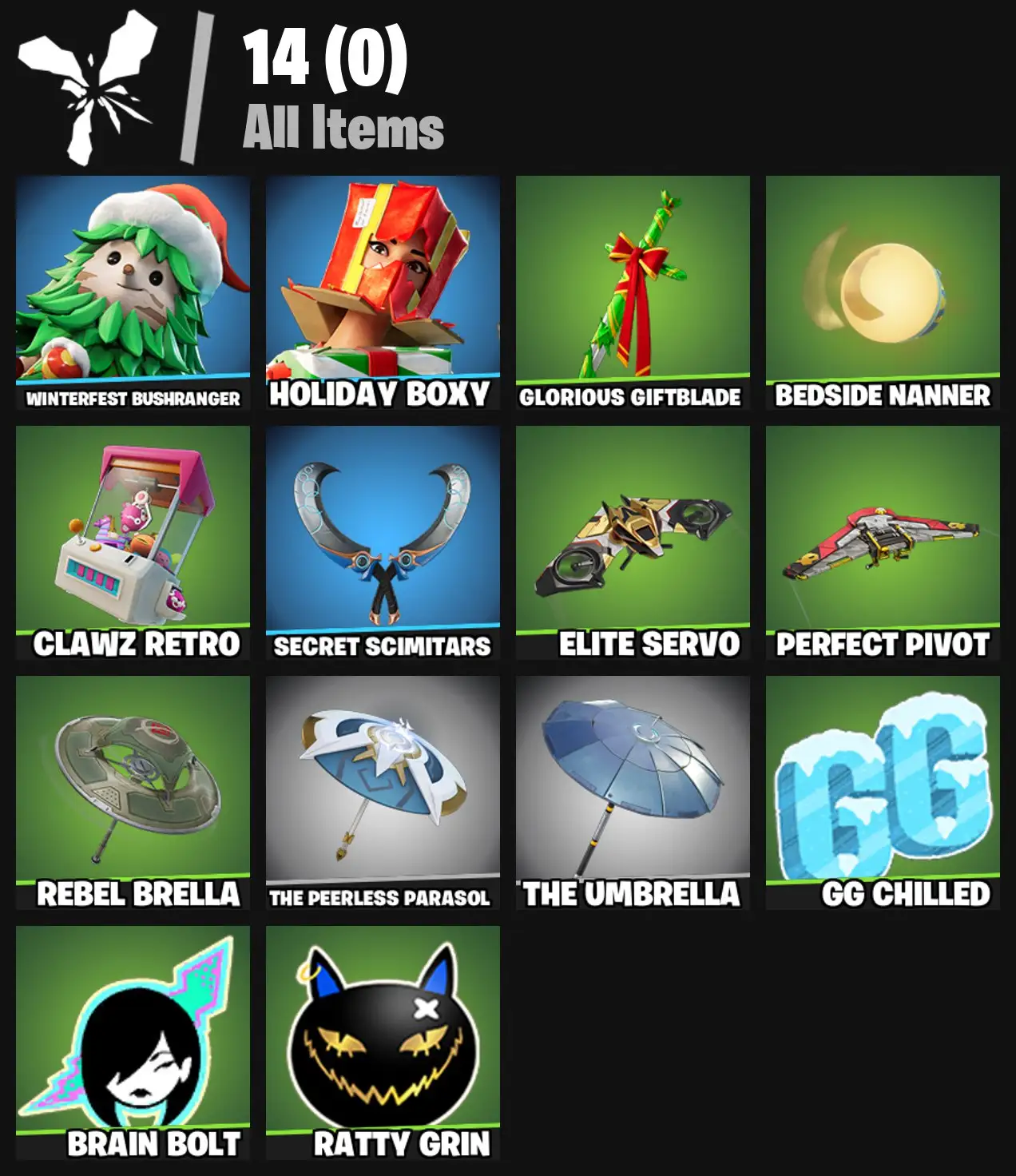 [PC/PSN/XBOX] 2 skins | Winterfest Bushranger | Holiday Boxy | Glorious Giftblade | Bedside Nanner | Clawz Retro | Secret Scimitars | Elite Servo | 0 VB