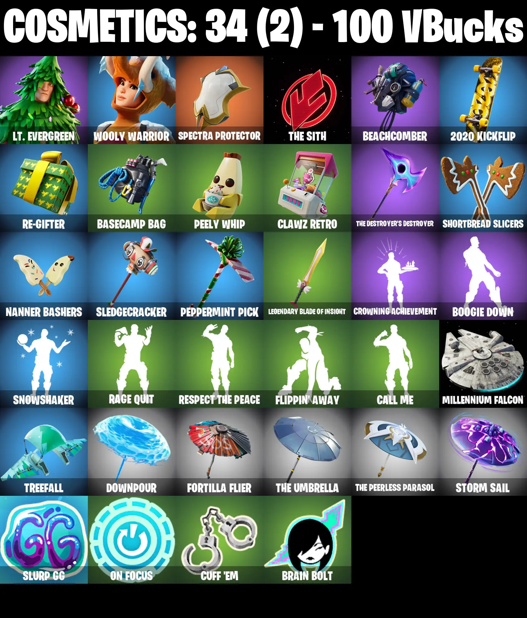 [PC/PSN/XBOX] 2 skins | Lt. Evergreen | Wooly Warrior | Spectra Protector | The Sith | Beachcomber | 2020 Kickflip | Re-gifter | Basecamp Bag | 100 VB