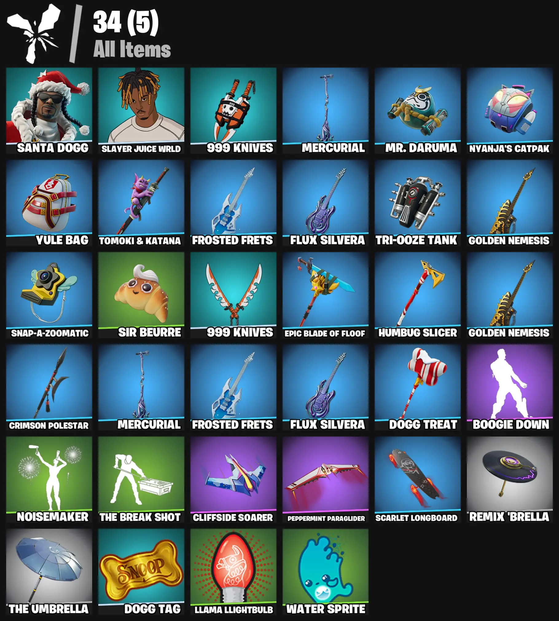 [PC/PSN/XBOX] 2 skins | Santa Dogg | Slayer Juice WRLD | 999 Knives | Mercurial | Mr. Daruma | Nyanja's Catpak | Yule Bag | Tomoki & Katana | 100 VB