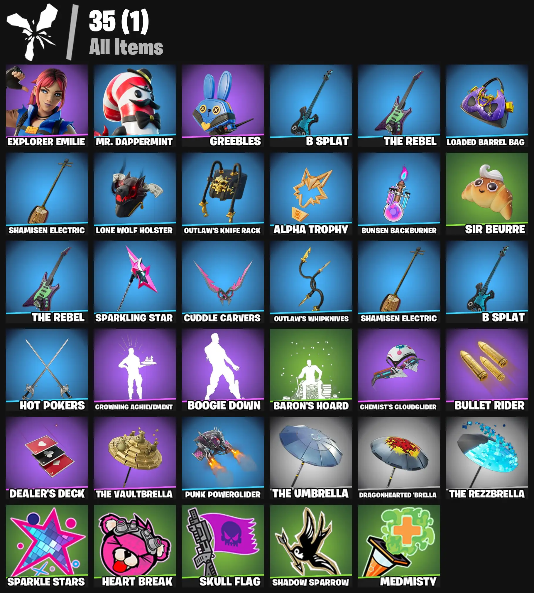 [PC/PSN/XBOX] 2 skins | Explorer Emilie | Mr. Dappermint | Greebles | B Splat | The Rebel | Loaded Barrel Bag | Shamisen Electric | 100 VB