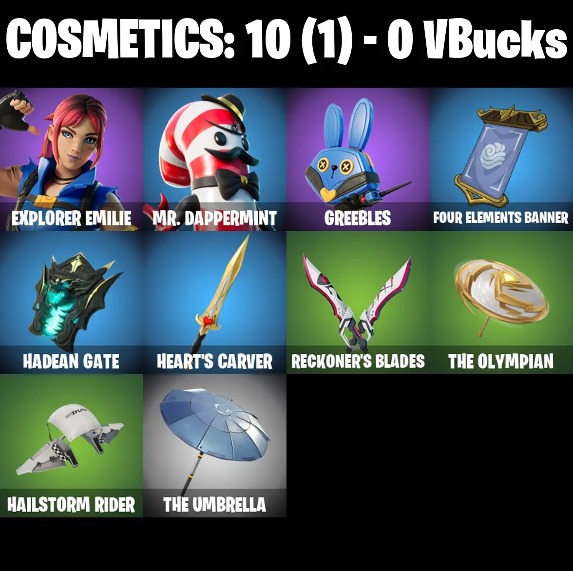 [PC/PSN/XBOX] 2 skins | Explorer Emilie | Mr. Dappermint | Greebles | Four Elements Banner | Hadean Gate | Heart's Carver | Reckoner's Blades | 0 VB