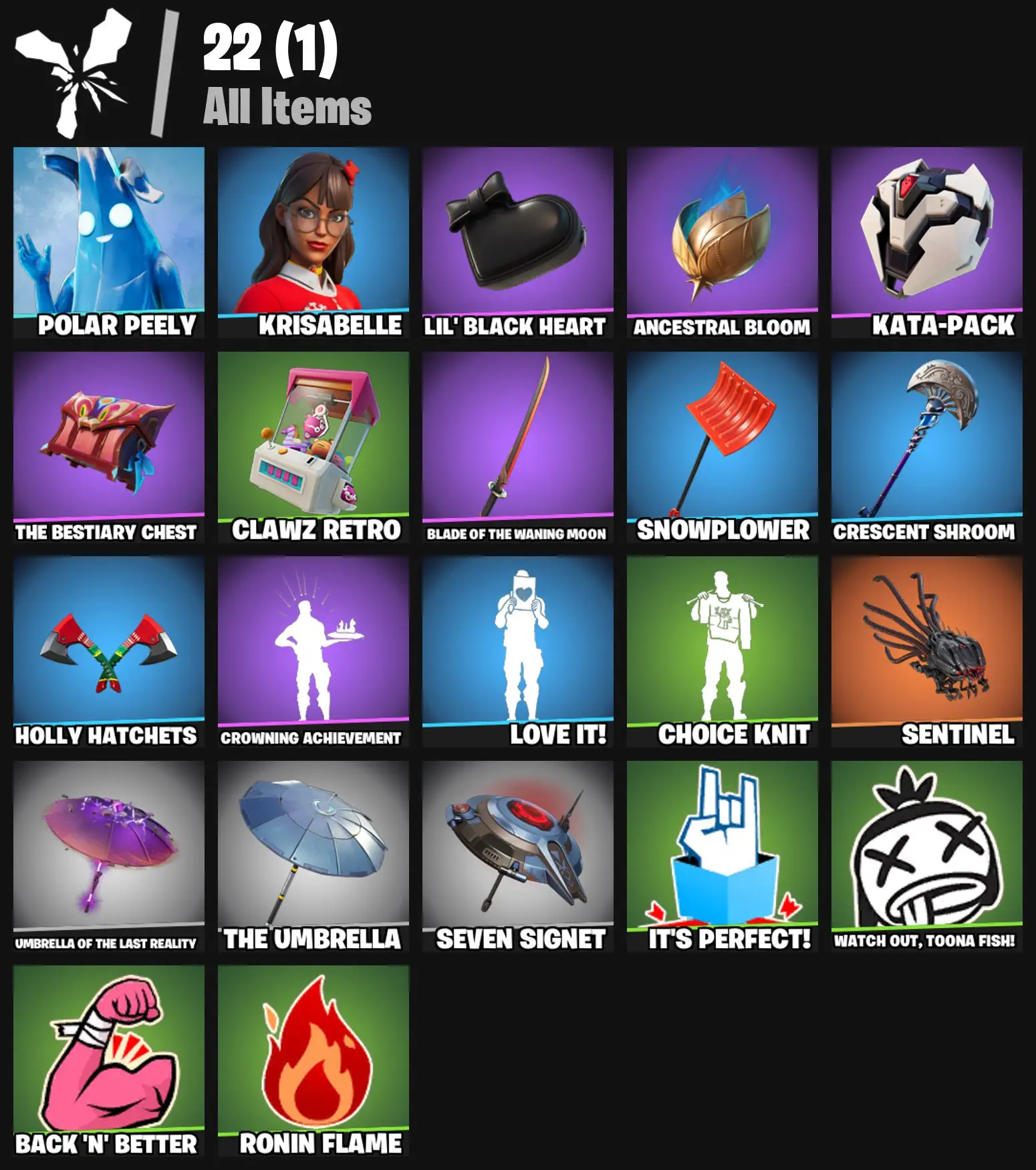 [PC/PSN/XBOX] 2 skins | Polar Peely | Krisabelle | Lil' Black Heart | Ancestral Bloom | Kata-Pack | The Bestiary Chest | Clawz Retro | 300 VB