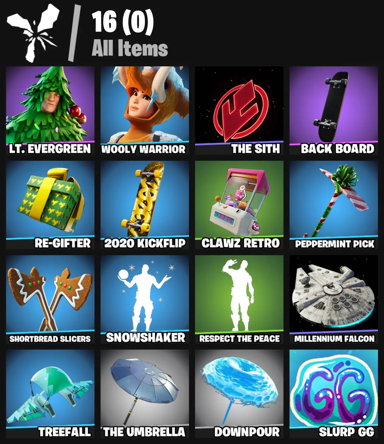 [PC/PSN/XBOX] 2 skins | Lt. Evergreen | Wooly Warrior | The Sith | Back Board | Re-gifter | 2020 Kickflip | Clawz Retro | Peppermint Pick | 100 VB