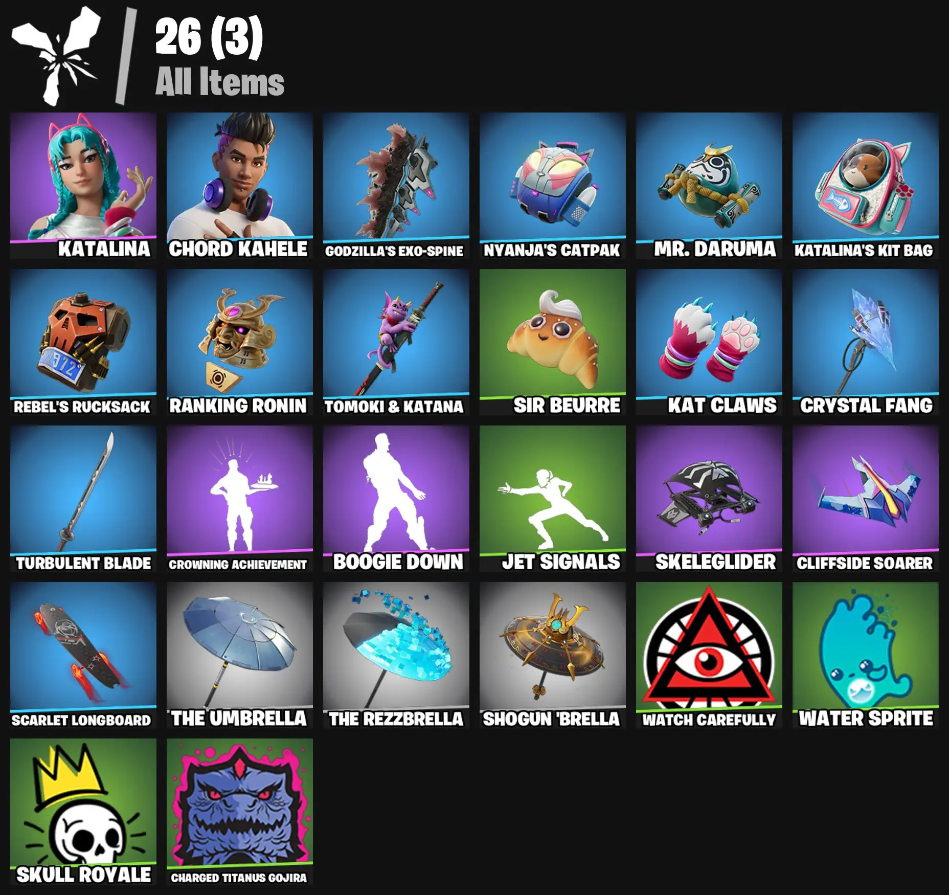 [PC/PSN/XBOX] 2 skins | Katalina | Chord Kahele | Godzilla's Exo-Spine | Nyanja's Catpak | Mr. Daruma | Katalina's Kit Bag | Rebel's Rucksack | 100 VB