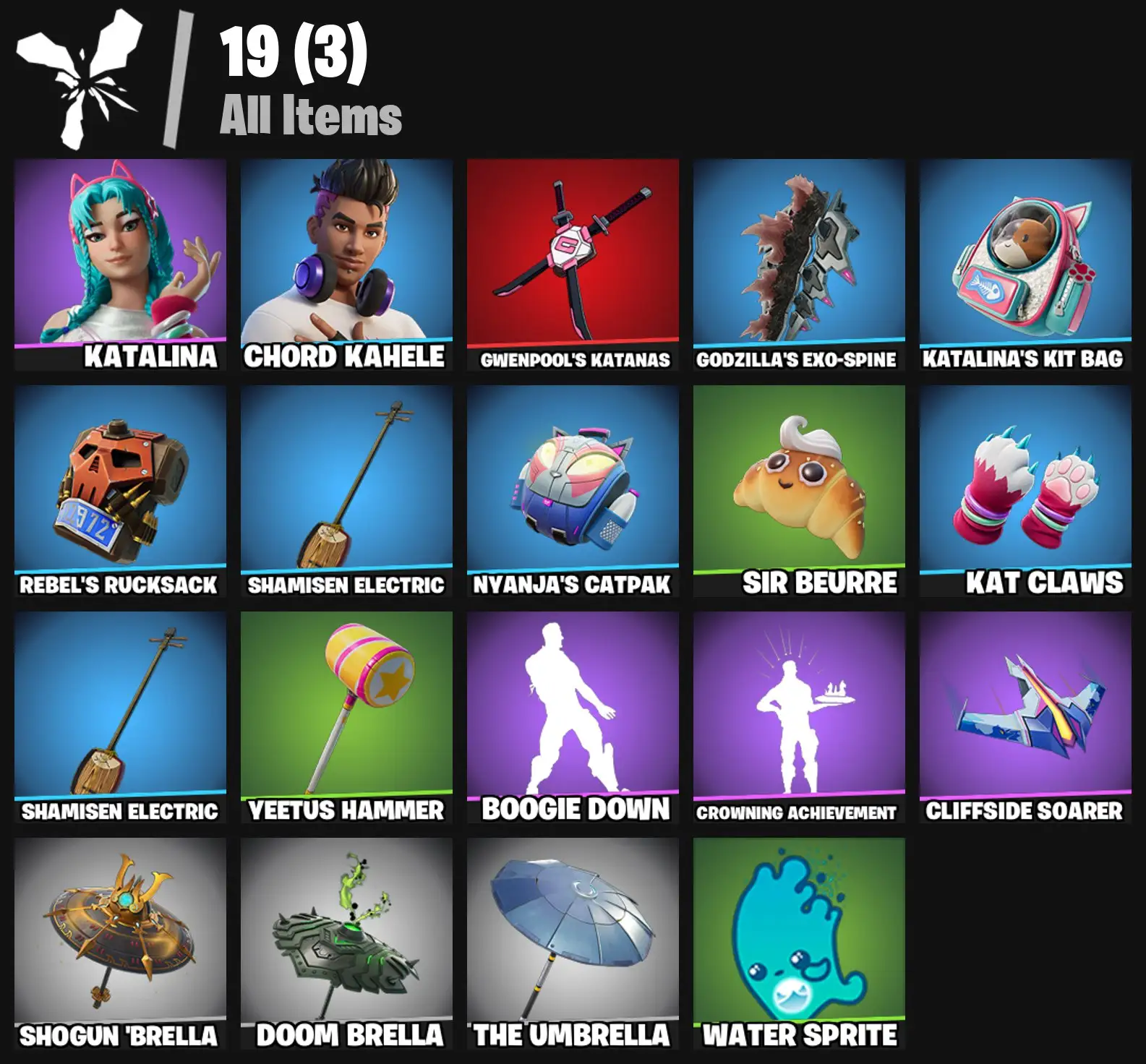 [PC/PSN/XBOX] 2 skins | Katalina | Chord Kahele | Gwenpool's Katanas | Godzilla's Exo-Spine | Katalina's Kit Bag | Rebel's Rucksack | 100 VB