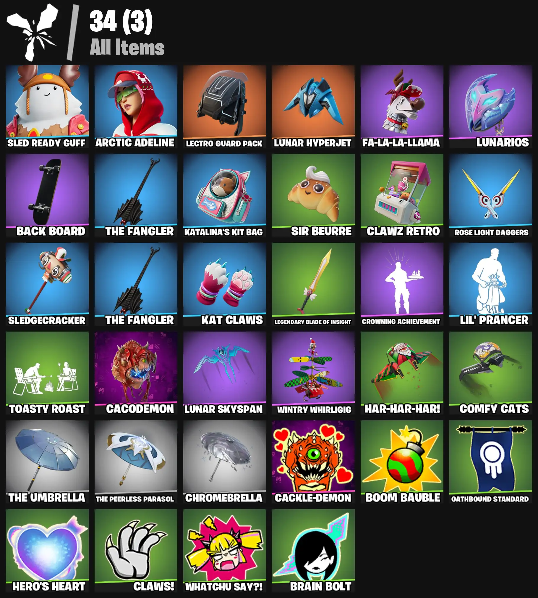 [PC/PSN/XBOX] 2 skins | Sled Ready Guff | Arctic Adeline | Lectro Guard Pack | Lunar Hyperjet | Fa-la-la-Llama | Lunarios | Back Board | The Fangler | 400 VB