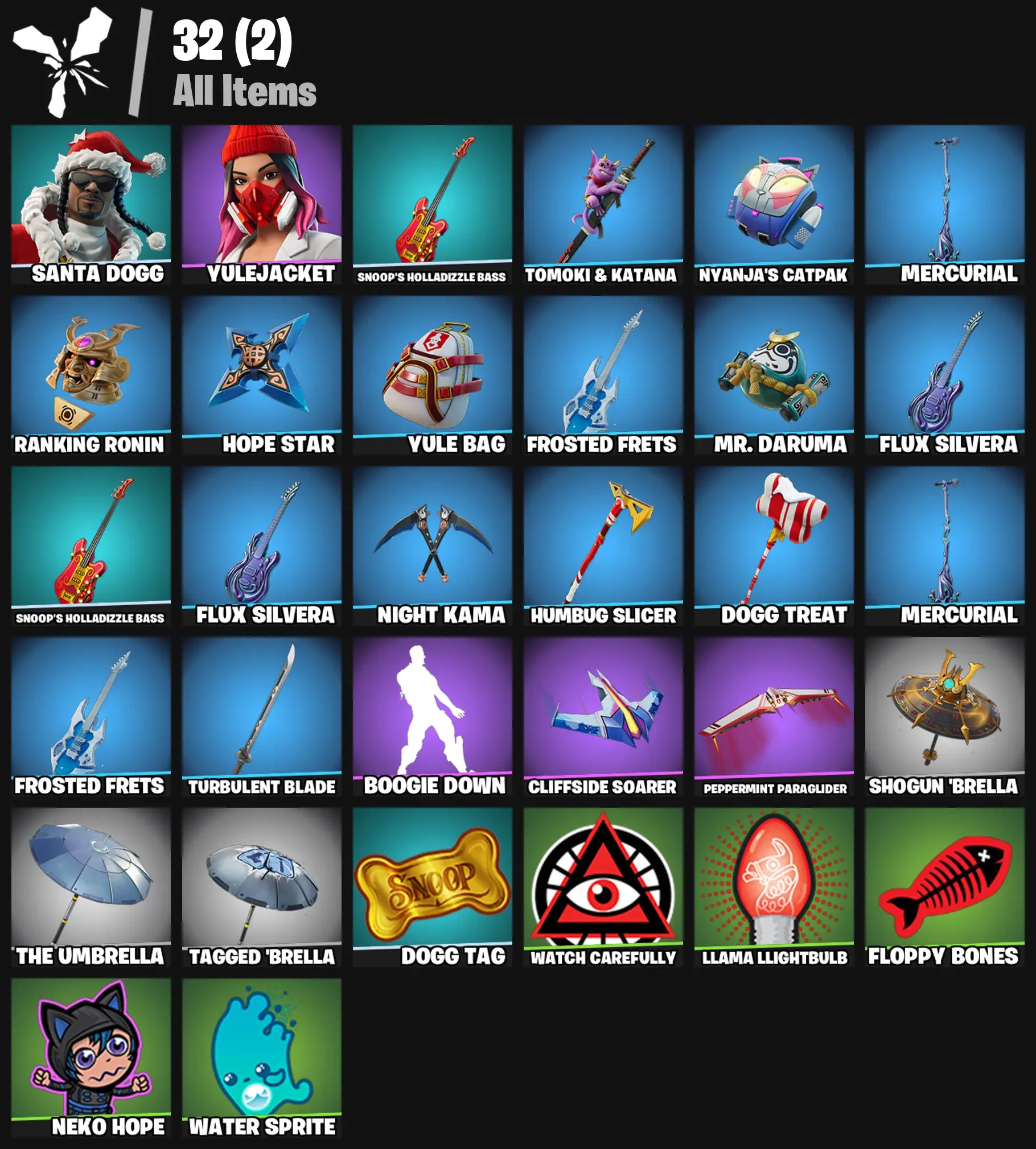 [PC/PSN/XBOX] 2 skins | Santa Dogg | Yulejacket | Snoop's Holladizzle Bass | Tomoki & Katana | Nyanja's Catpak | Mercurial | Ranking Ronin | 100 VB