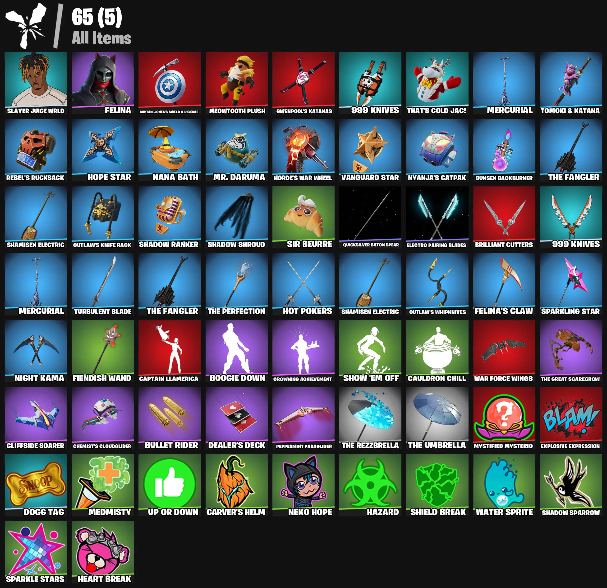 [PC/PSN/XBOX] 2 skins | Slayer Juice WRLD | Felina | Captain Jones's Shield & Pickaxe | Meowtooth Plush | Gwenpool's Katanas | 999 Knives | 100 VB