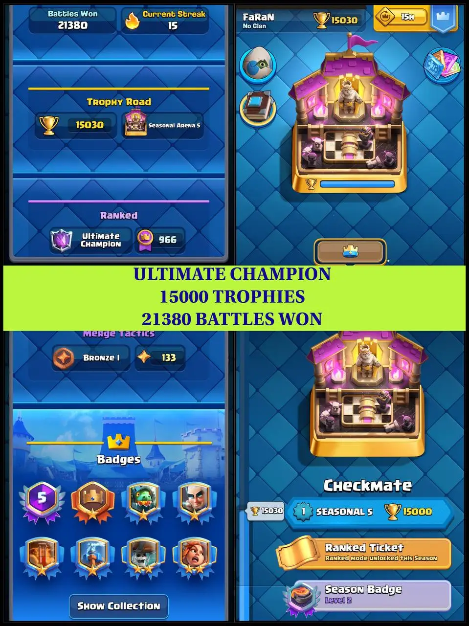 🔥 LVL 67-ULTIMATE CHAMPION 🏆 | 15,000+ TROPHIES 🌍 | 120 MAX CARDS 💯 | 65 ELITE ⚔️ | 21 EVO ✨ | 21 TOWER SKINS 🏰 | 154 EMOTES 🎭 | 147 BANNERS 🖼 | 21K WINS ⚡️ | SAFE LOGIN 🔐 | INSTANT DELIVERY 🚀