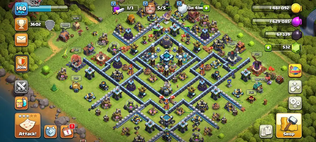[#827] ALMOST MAX TH 13 | DARK BLUE WALLS | 29-30-40-15-10 HEROES | 138 CWL MEDALS | FREE RENAME | INSTANT DELIVERY