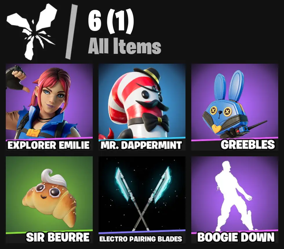 [PC/PSN/XBOX] 2 skins | Explorer Emilie | Mr. Dappermint | Greebles | Sir Beurre | Electro Pairing Blades | Boogie Down | 0 VB