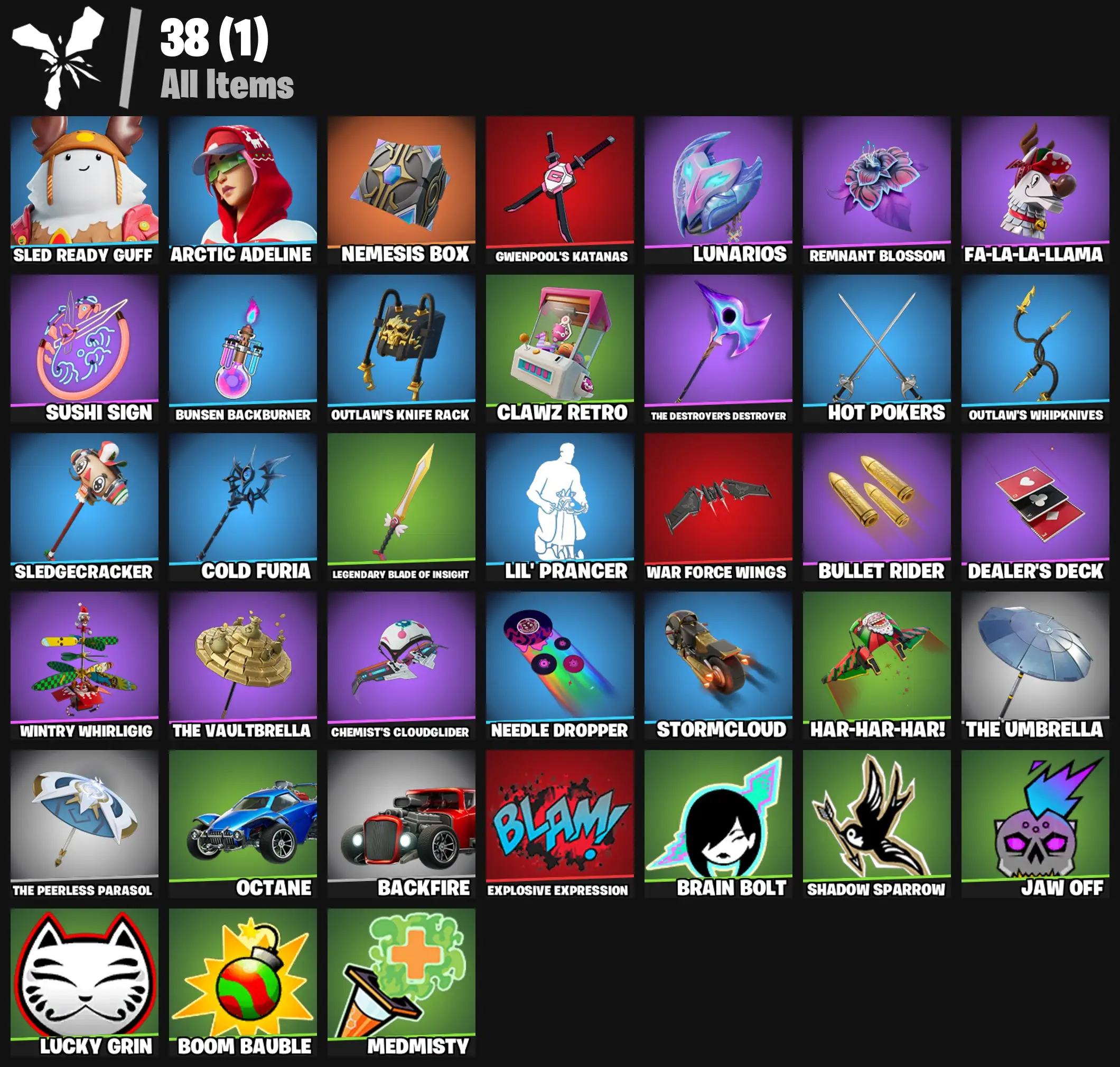 [PC/PSN/XBOX] 2 skins | Sled Ready Guff | Arctic Adeline | Nemesis Box | Gwenpool's Katanas | Lunarios | Remnant Blossom | Fa-la-la-Llama | 100 VB