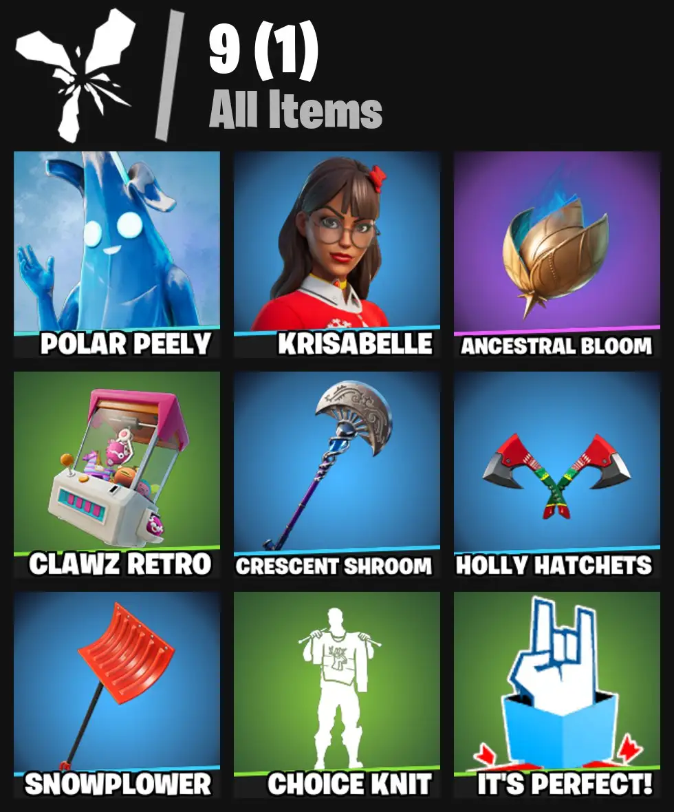 [PC/PSN/XBOX] 2 skins | Polar Peely | Krisabelle | Ancestral Bloom | Clawz Retro | Crescent Shroom | Holly Hatchets | Snowplower | Choice Knit | 0 VB