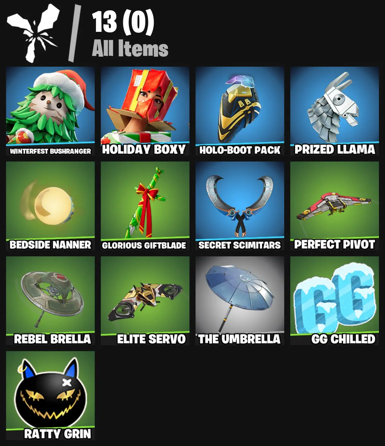 [PC/PSN/XBOX] 2 skins | Winterfest Bushranger | Holiday Boxy | Holo-Boot Pack | Prized Llama | Bedside Nanner | Glorious Giftblade | 100 VB